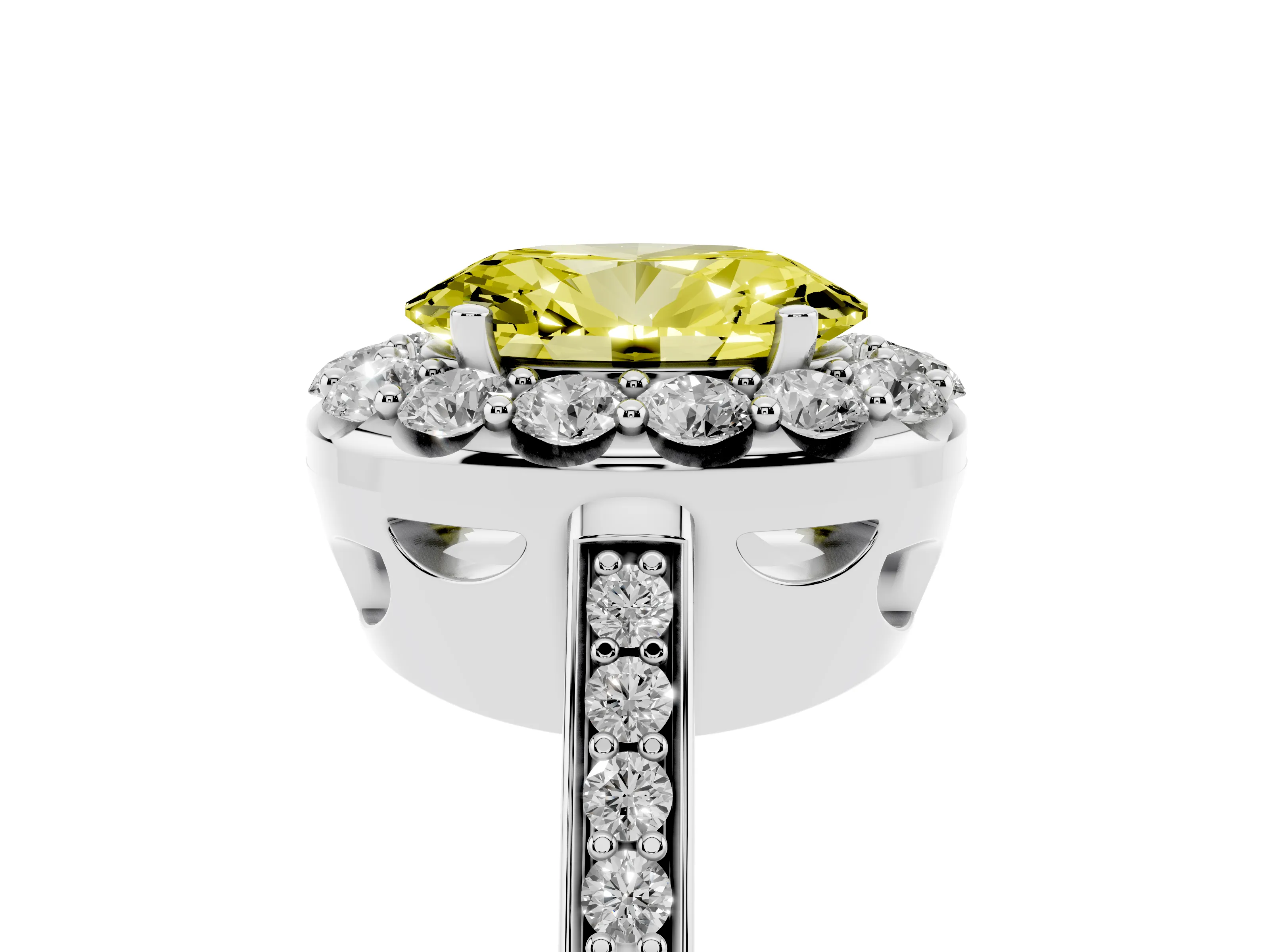 Fancy Yellow Oval Cut Diamond Floral Halo Ring Set in Silver with Pavé Band and Prong Setting