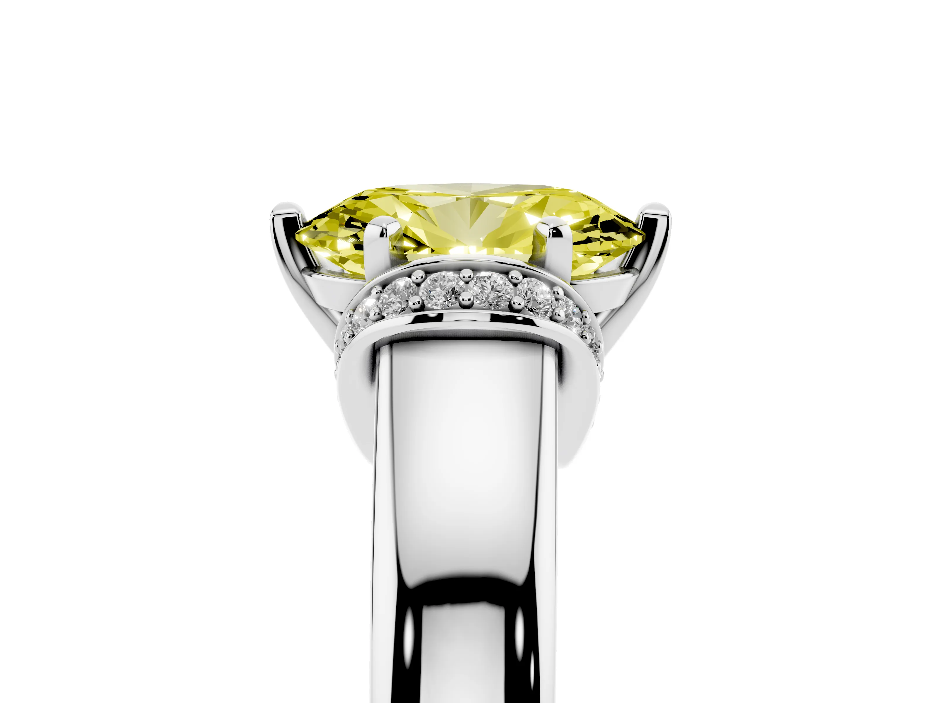 Fancy Yellow Oval Cut Diamond Pavé Band Solitaire Ring Set in Silver with Prong Setting
