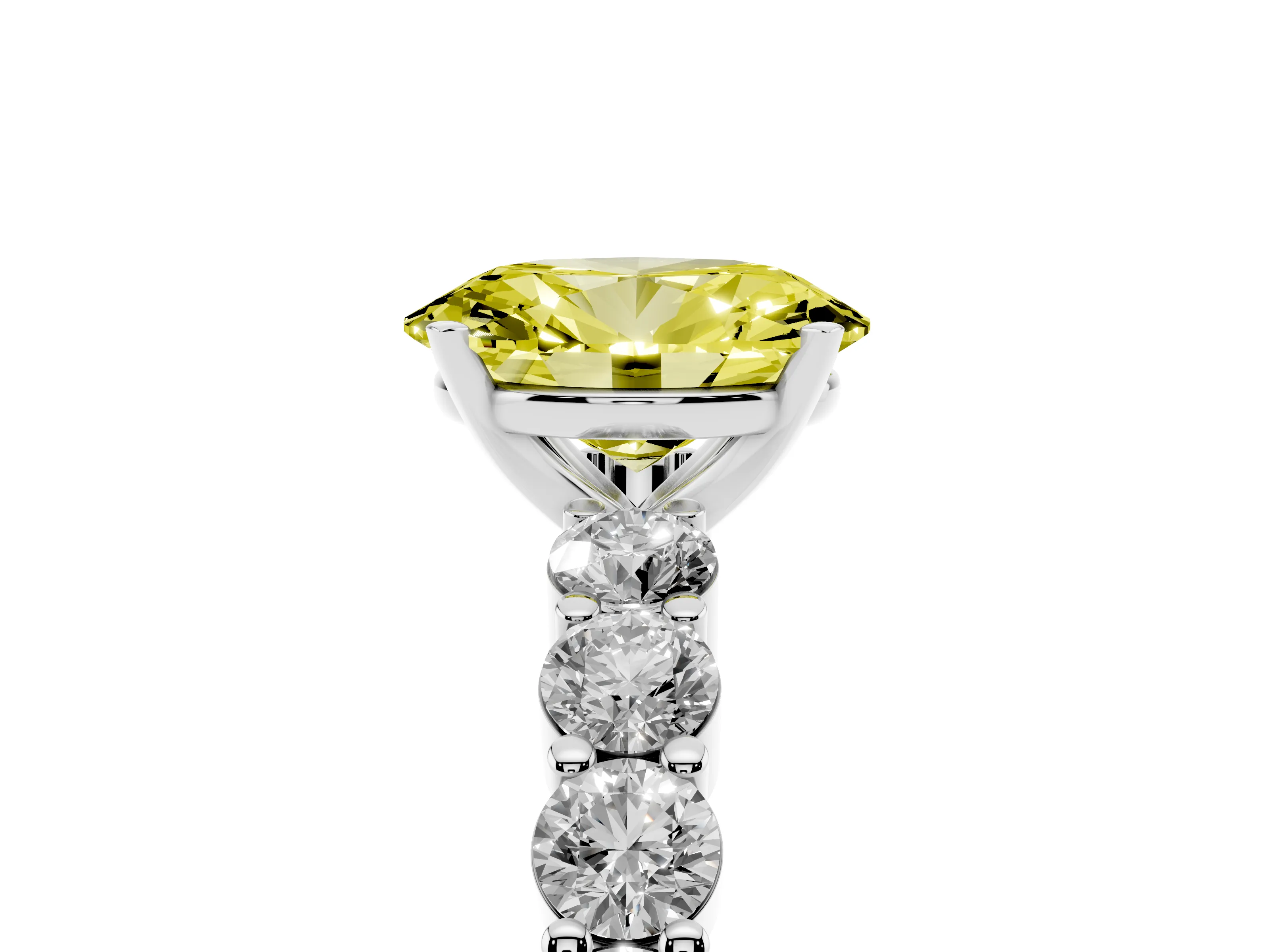 Fancy Yellow Oval Cut Diamond Solitaire Ring Set in Platinum with Shared Prong Round Side Stones