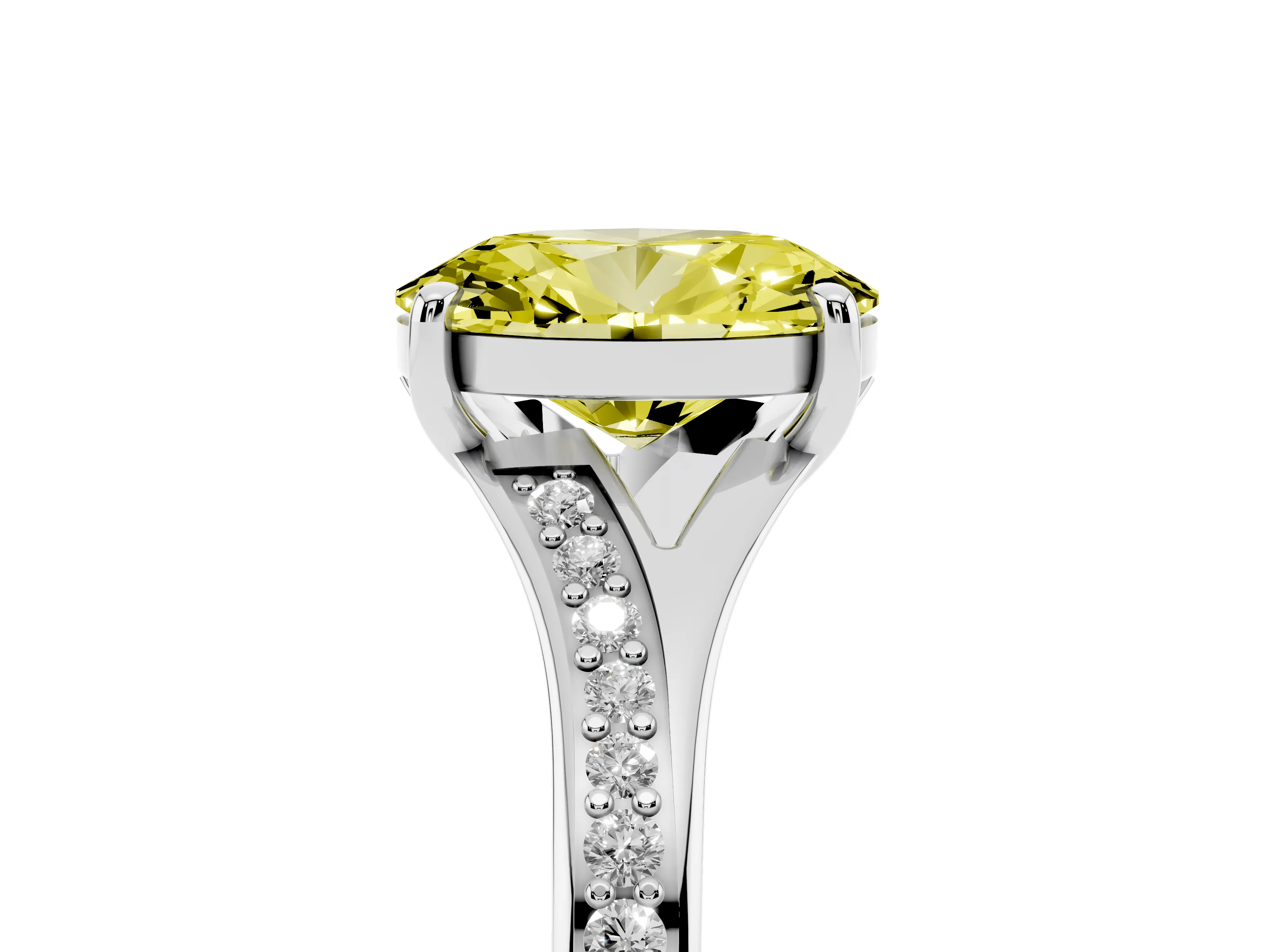 Fancy Yellow Oval Cut Diamond Solitaire Ring Set in White gold with Pavé Accent Band and Classic Prong Setting