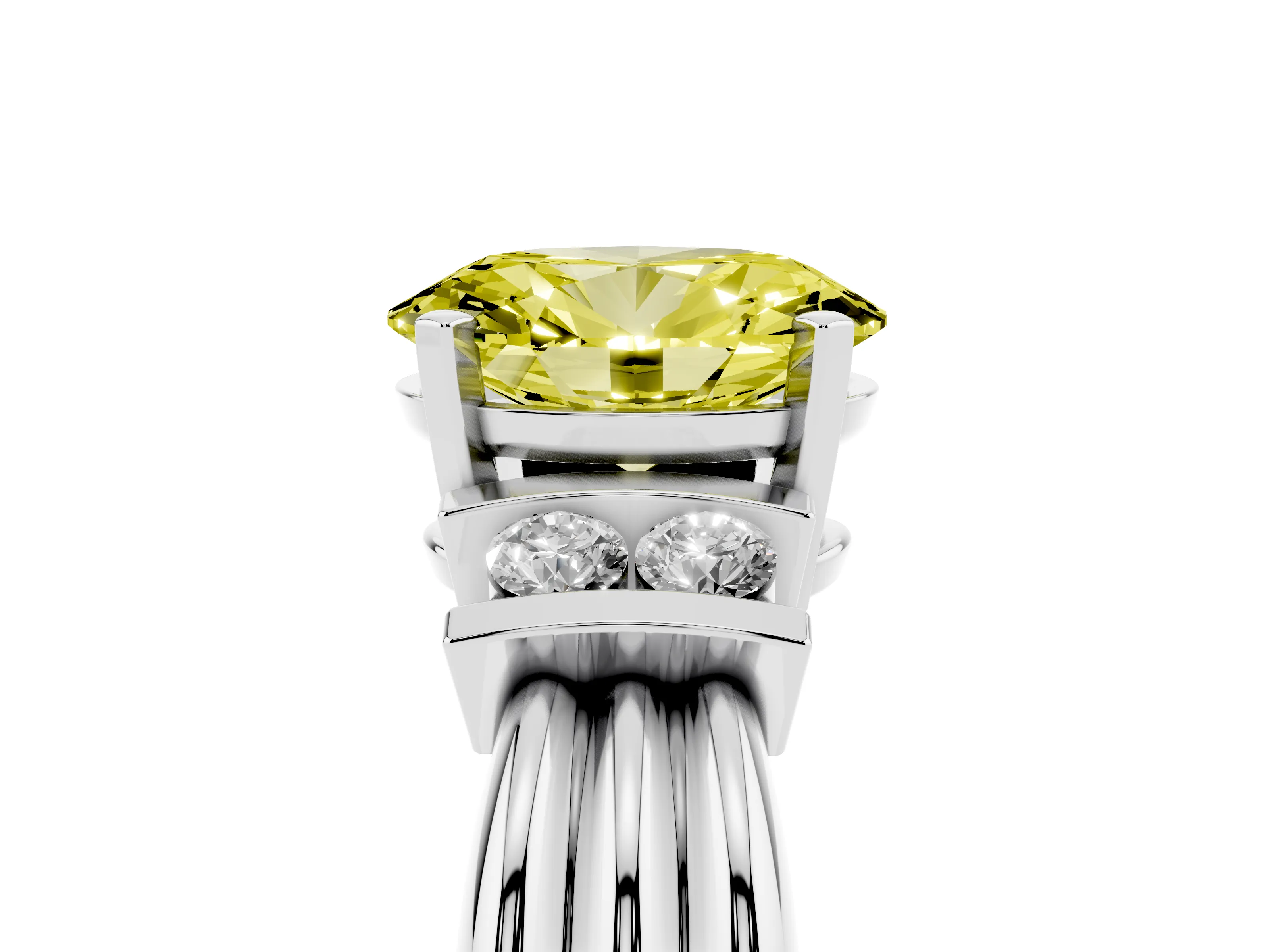 Fancy Yellow Three-Stone Oval Cut Diamond Channel Set Ring Set in White gold with Bar Prongs