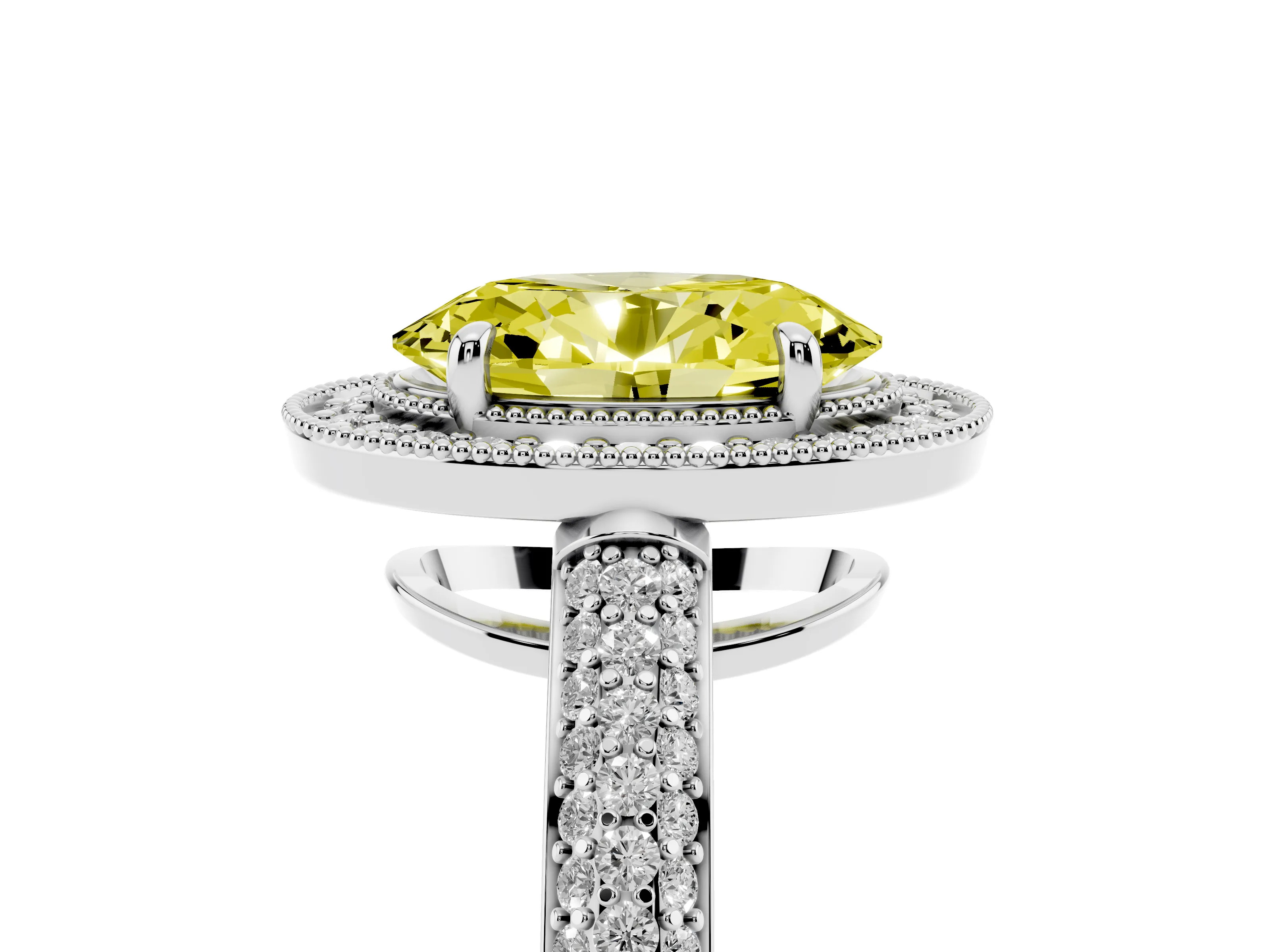 Fancy Yellow Oval Cut Diamond Halo Pavé Band Set in Silver with Prong Setting