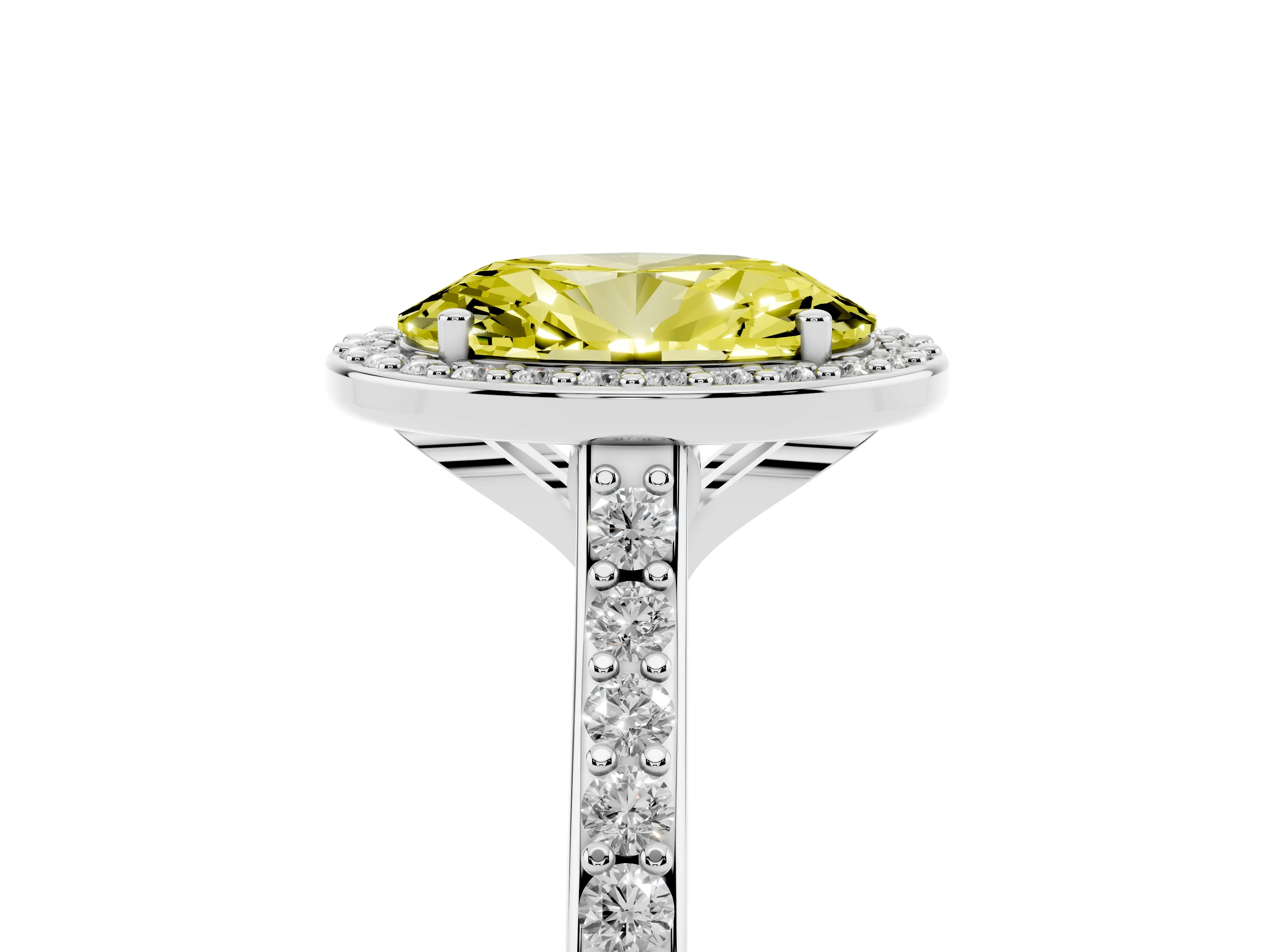 Fancy Yellow Oval Cut Diamond Halo Engagement Ring Set in Platinum with Round Pavé Shoulders and Heart Gallery