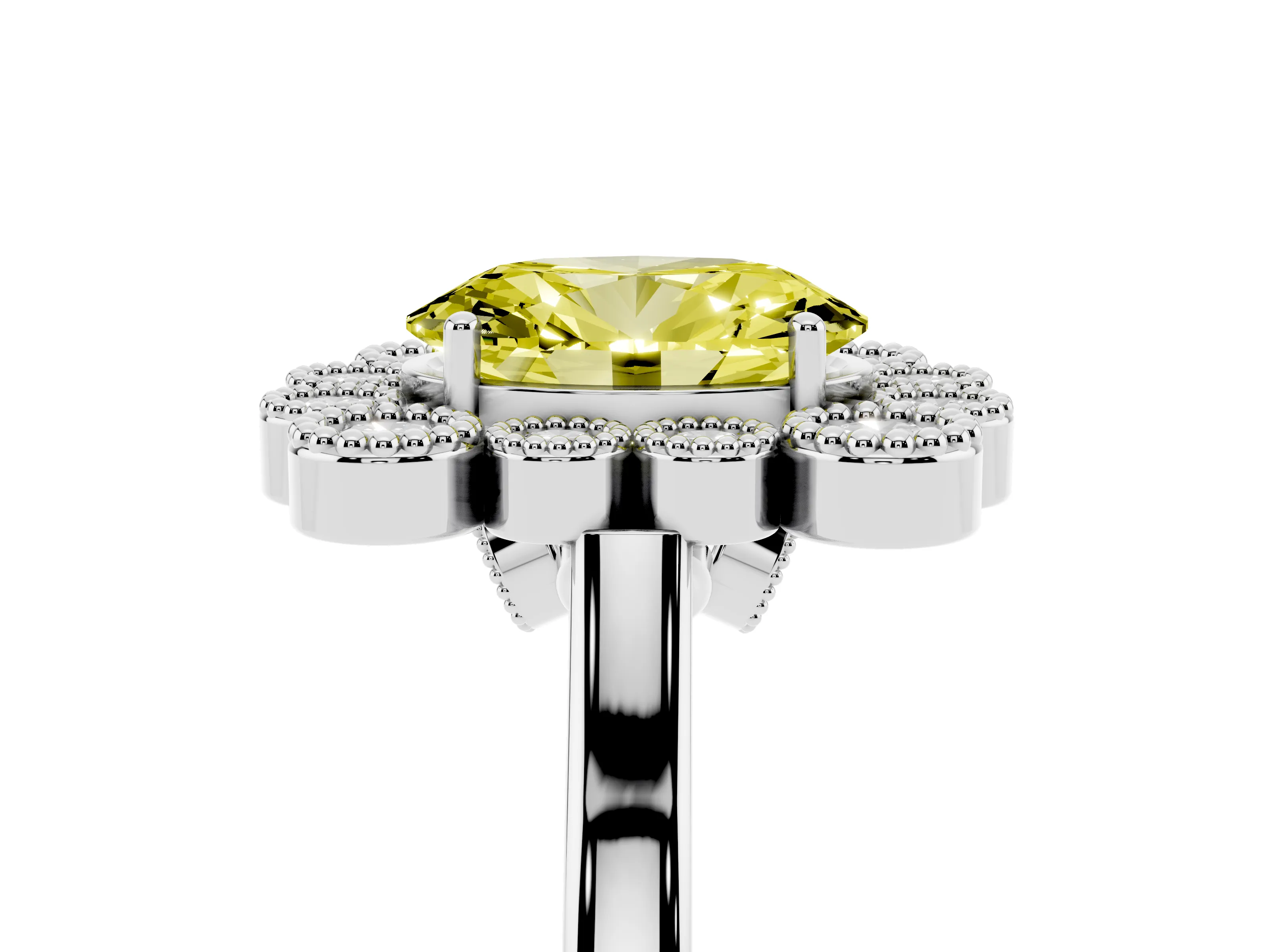 Fancy Yellow Oval Cut Diamond Cluster Halo Ring Set in White gold with Milgrain Bezel Accents and Plain Band