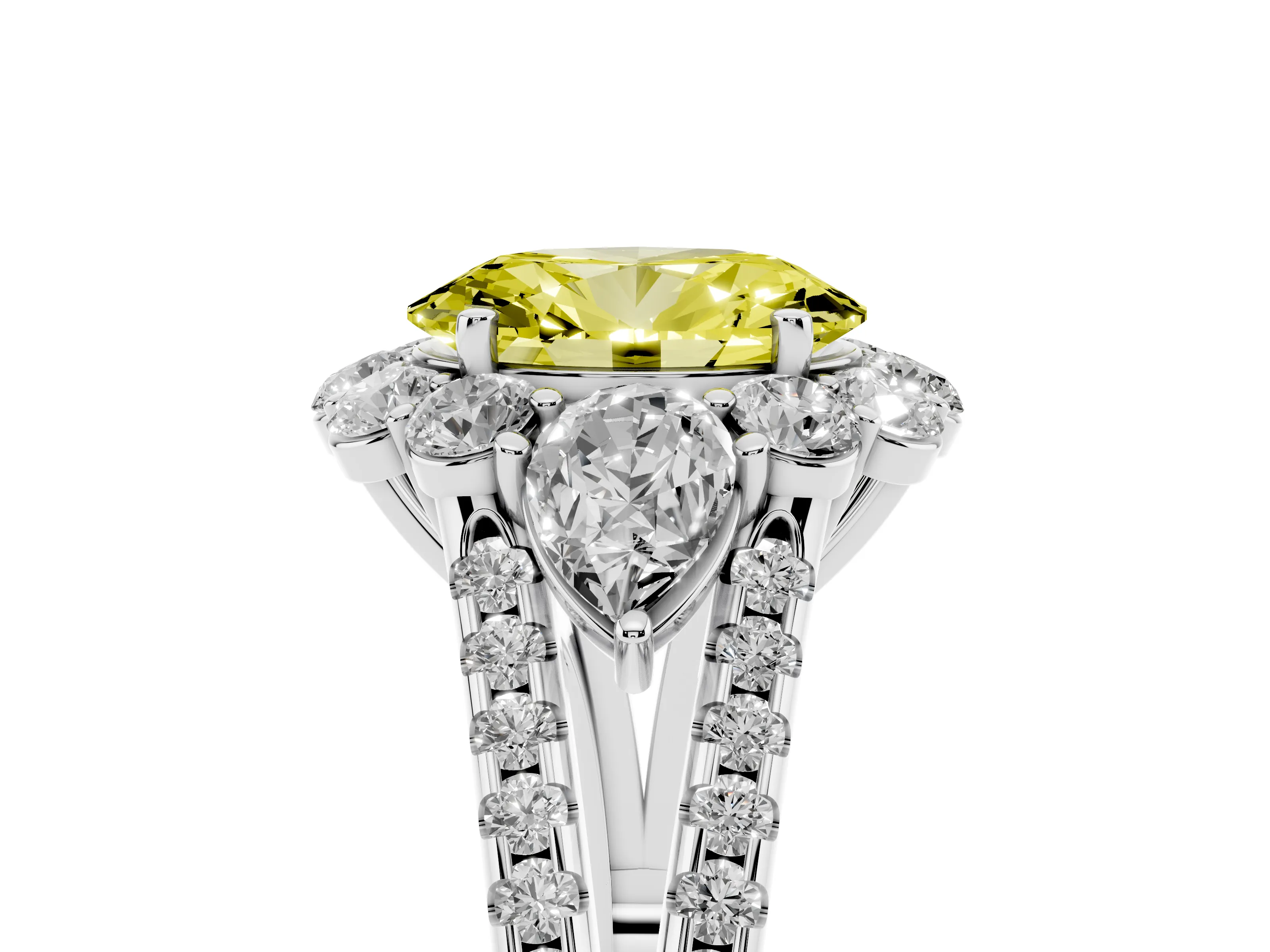 Fancy Yellow Oval Cut Diamond Halo Split Shank Engagement Ring Set in Silver with Prong-Held Center Stone