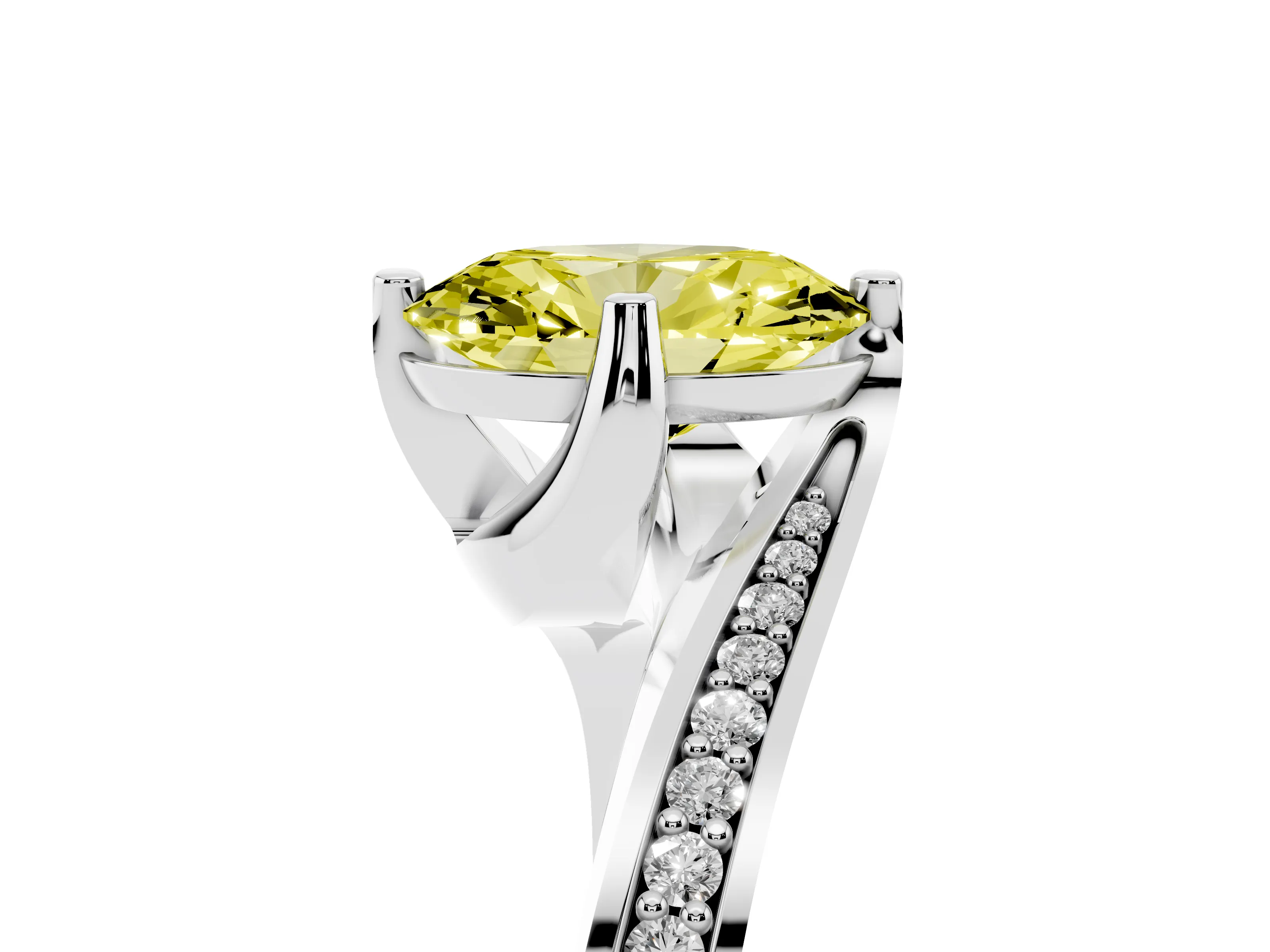 Fancy Yellow Oval Cut Diamond Solitaire Ring Set in Silver with Intertwined Pavé Twist Band