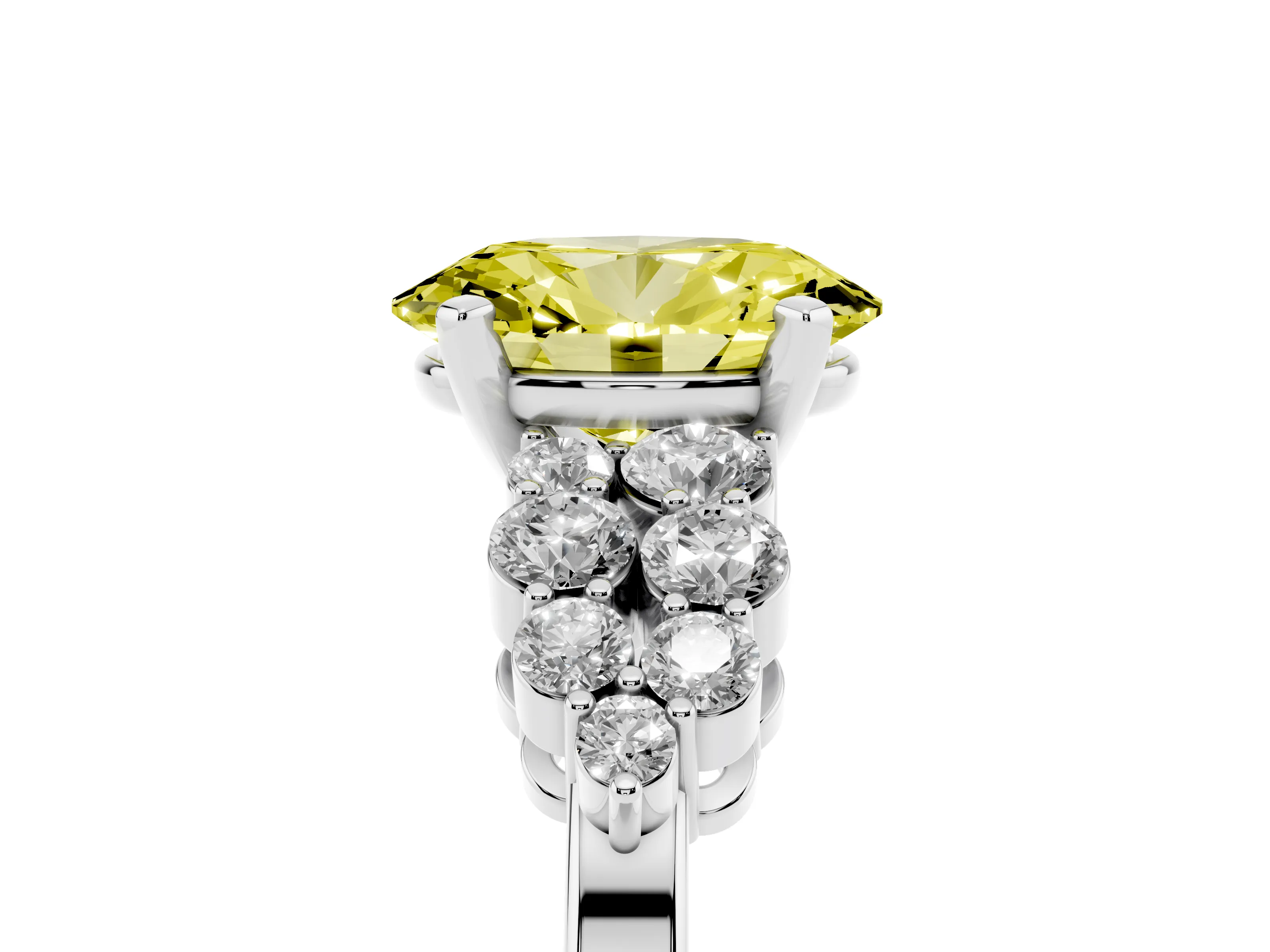 Fancy Yellow Oval Cut Diamond Cluster Engagement Ring Set in White gold with Pavé Band and Prong Setting