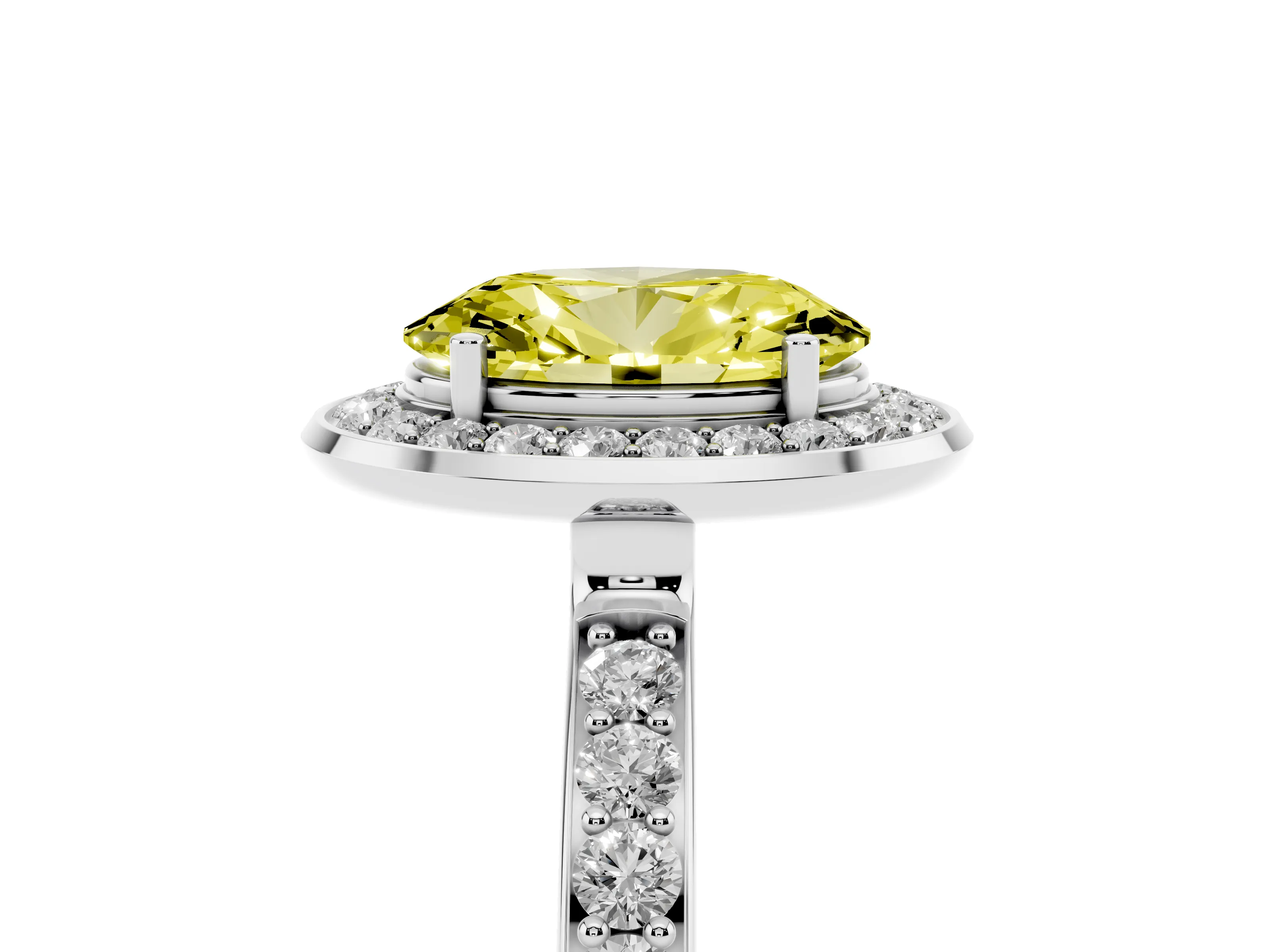 Fancy Yellow Oval Cut Diamond Halo Ring Set in White gold with Bezel Frame and Pavé Band