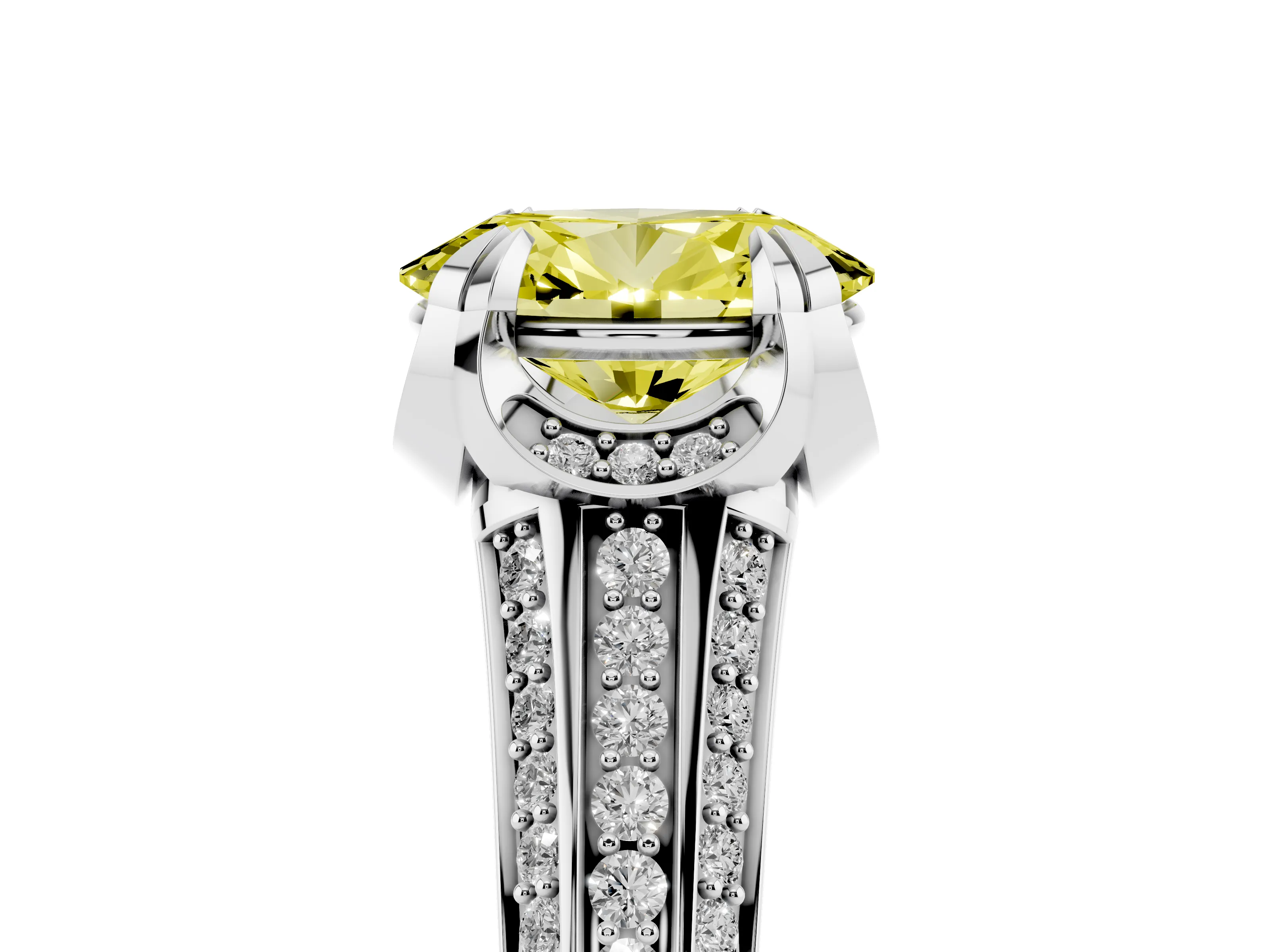 Fancy Yellow Oval Cut Diamond Pavé Split Shank Solitaire Ring Set in Silver with Prong Setting