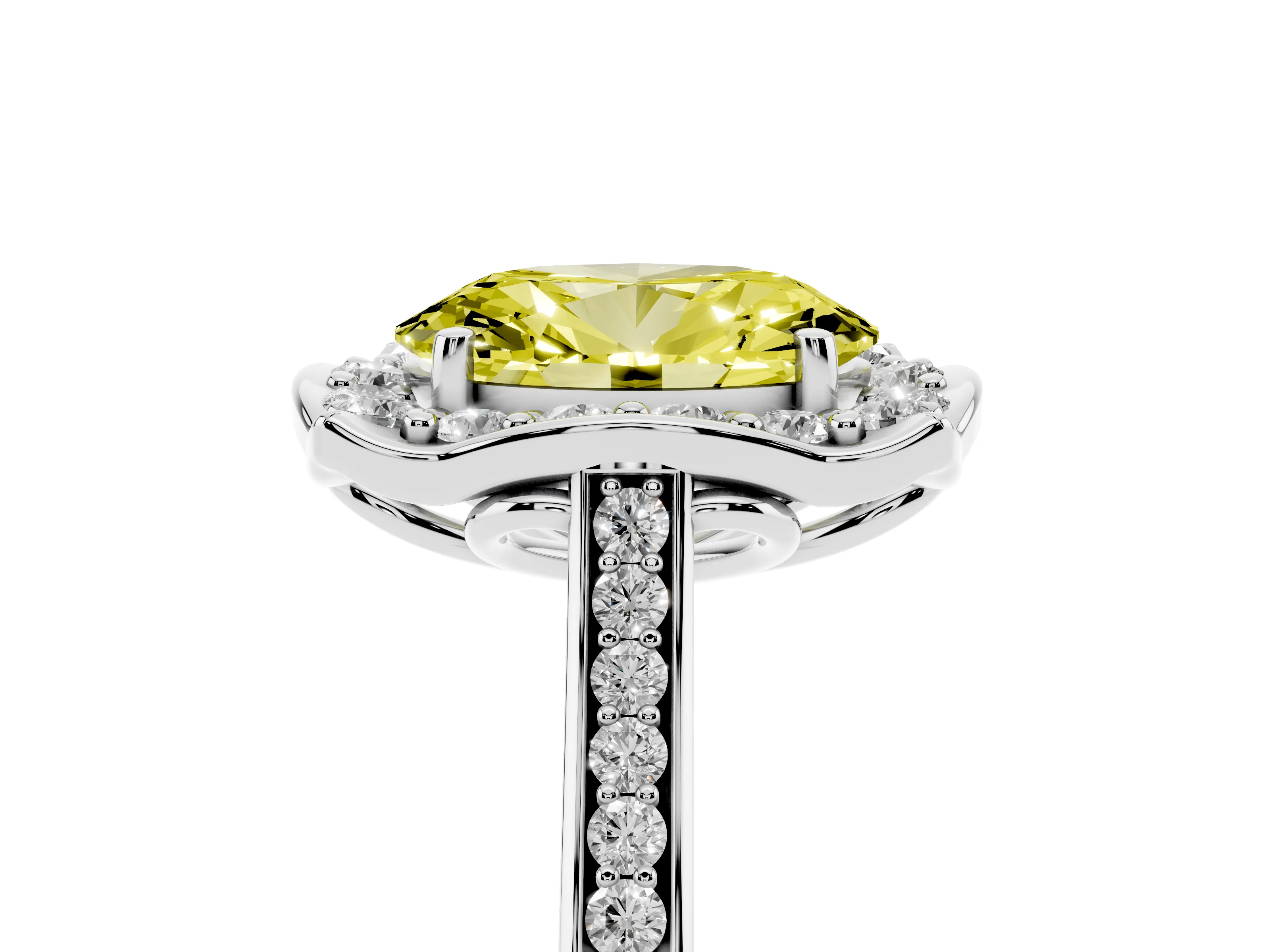 Fancy Yellow Oval Cut Diamond Halo Ring Set in Platinum with Pavé-Lined Shoulders and Prong Setting