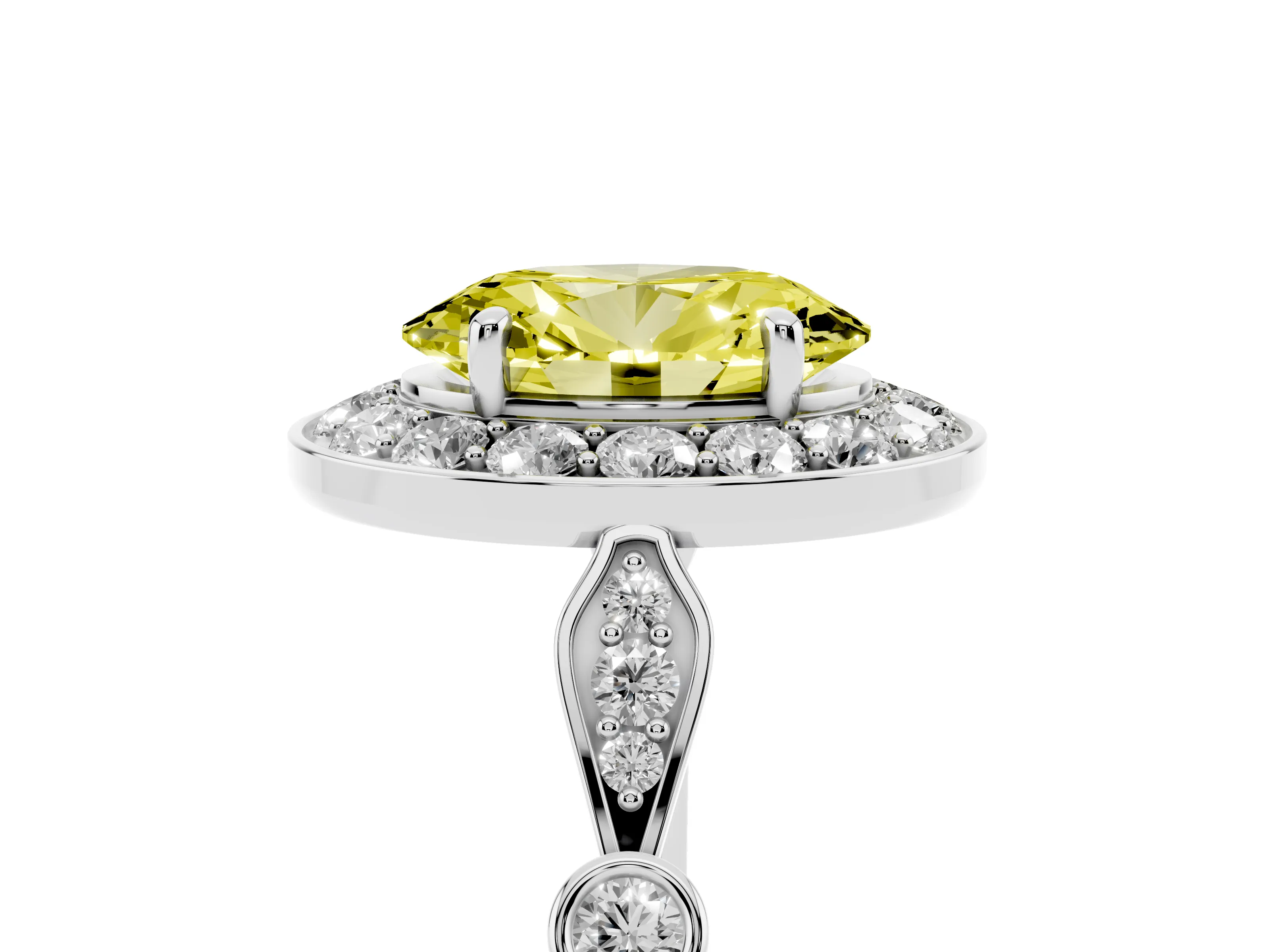 Fancy Yellow Oval Cut Diamond Halo Engagement Ring Set in Silver with Twisted Band and Prong Setting