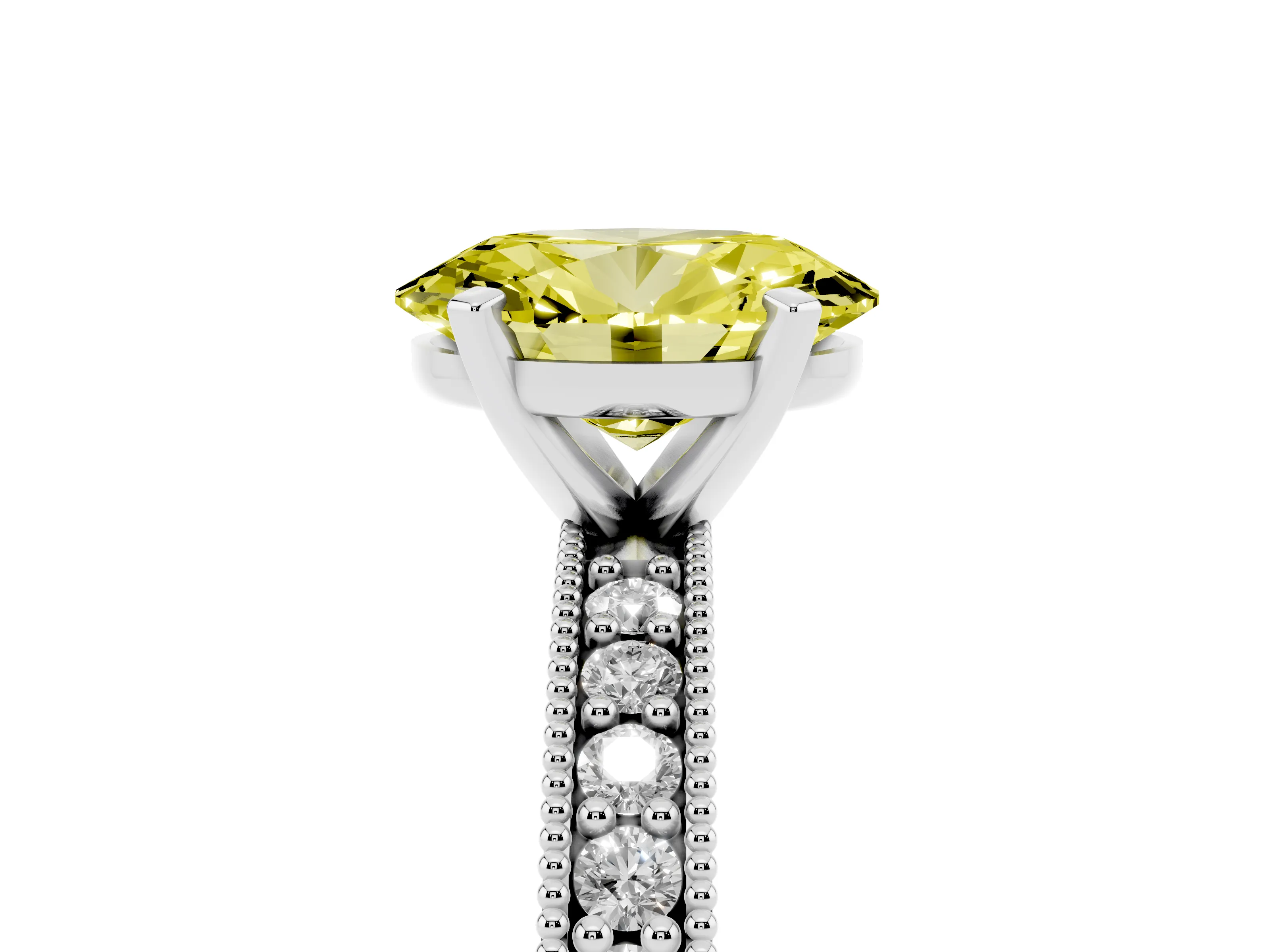 Fancy Yellow Oval Cut Diamond Milgrain Pavé Engagement Ring Set in Platinum with Prong Setting
