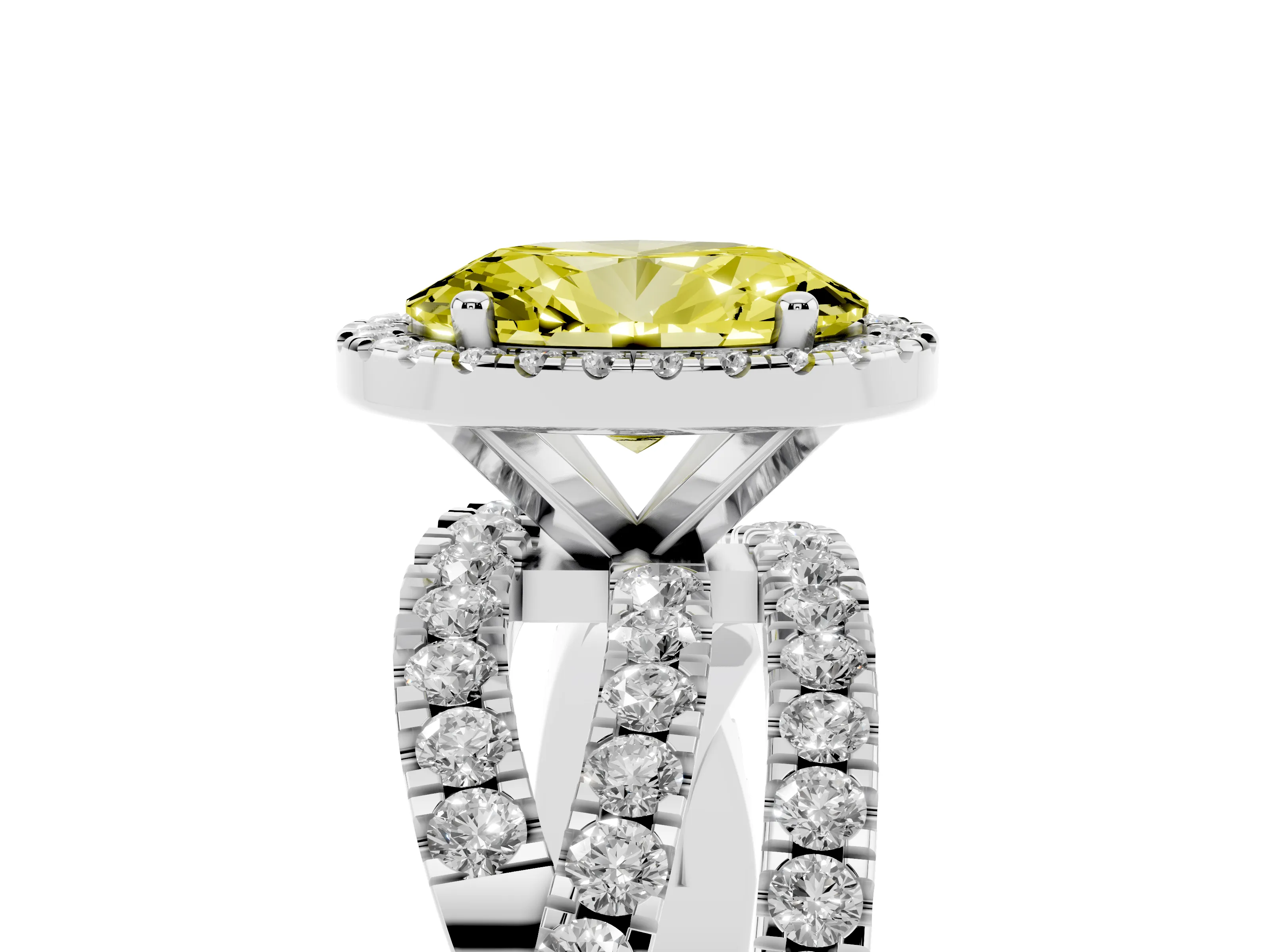 Fancy Yellow Oval Cut Diamond Halo Ring Set in Silver with Round Crossover Split Shank and Prong Setting