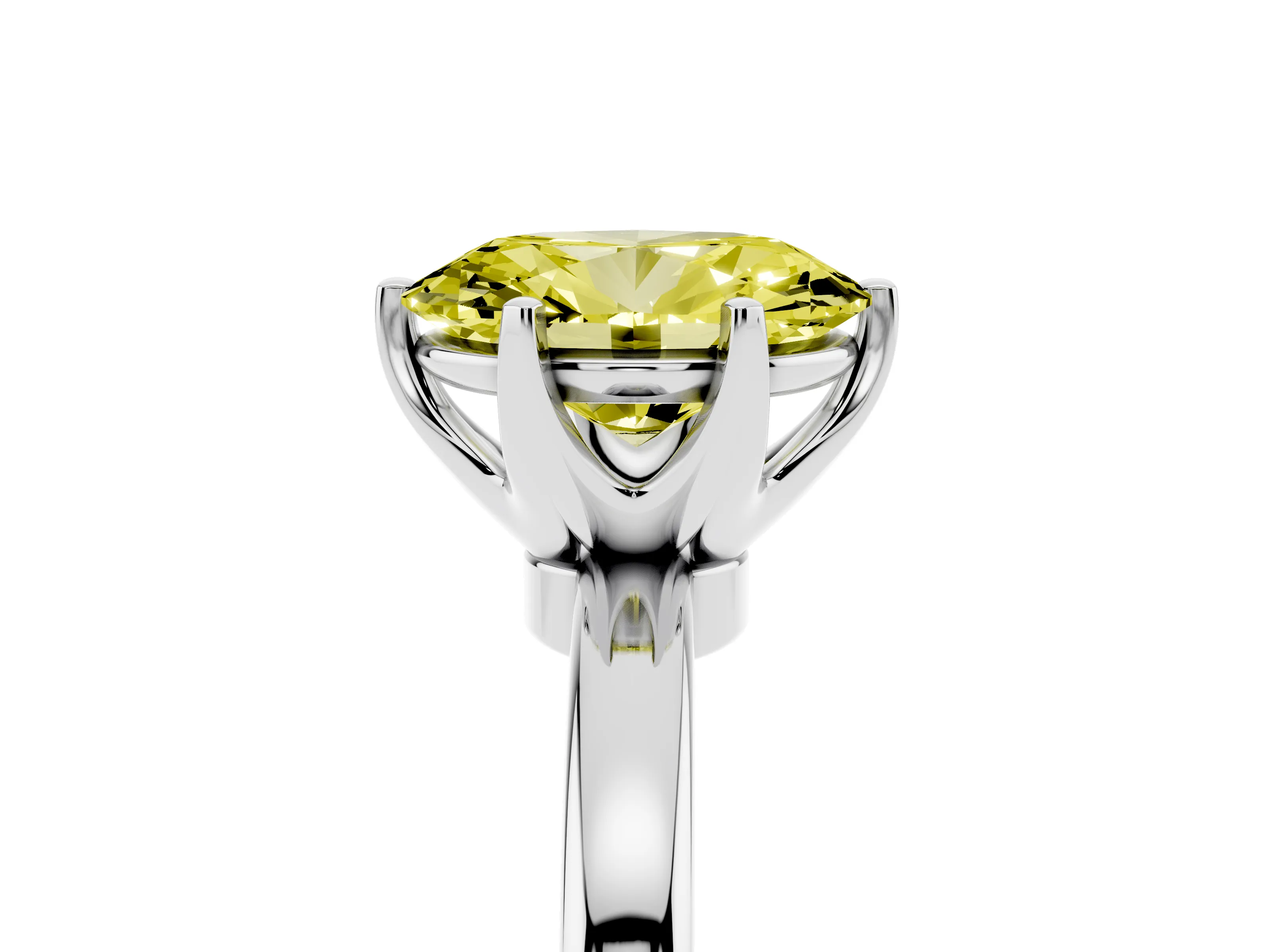 Fancy Yellow Oval Cut Diamond Solitaire Ring Set in White gold with Raised Prong Setting on a Classic Band