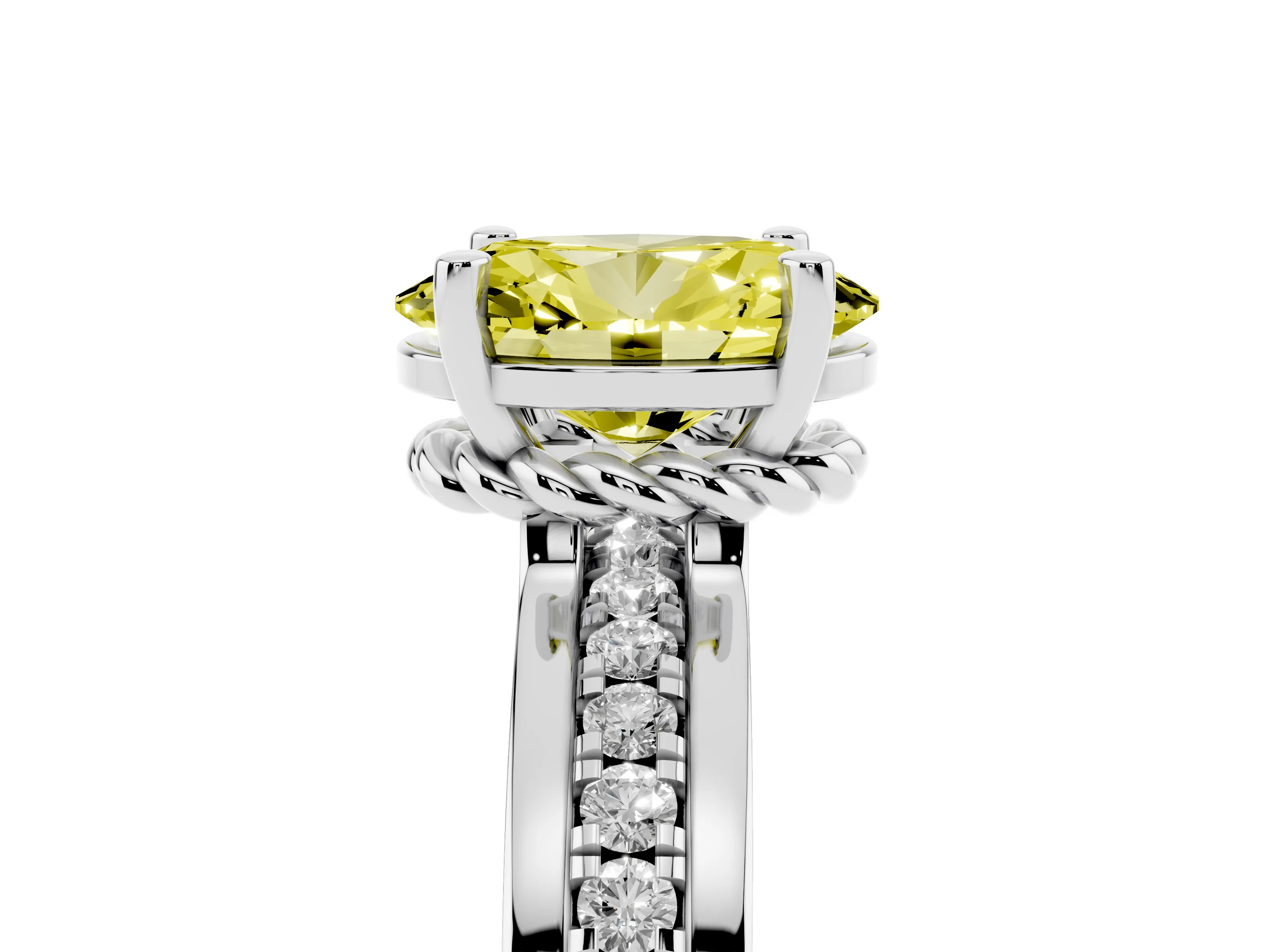 Fancy Yellow Oval Cut Diamond Solitaire Ring Set in Silver with Channel Set Band and Prong Setting