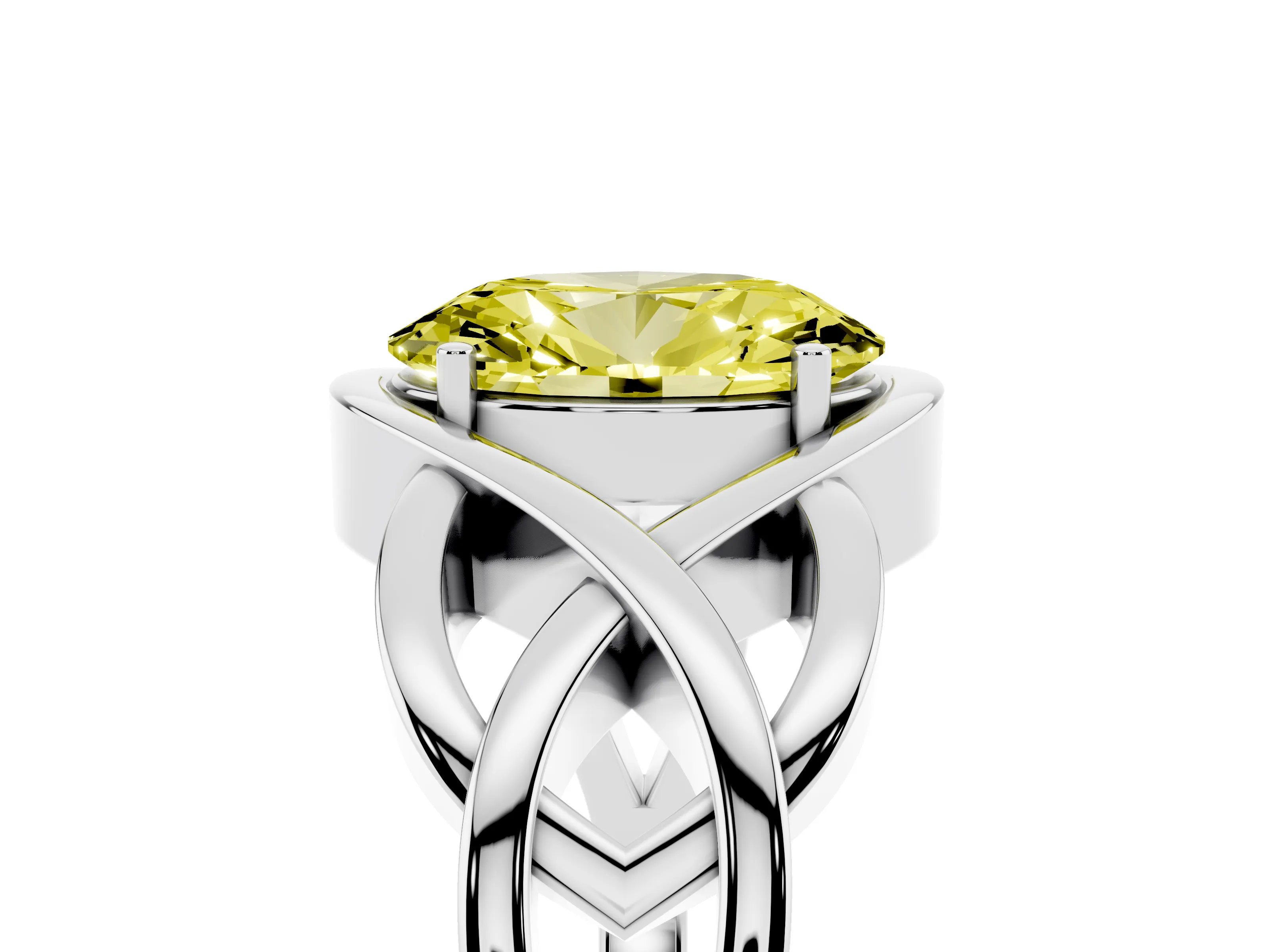Fancy Yellow Oval Cut Diamond Solitaire Ring Set in Platinum with Intertwined Band