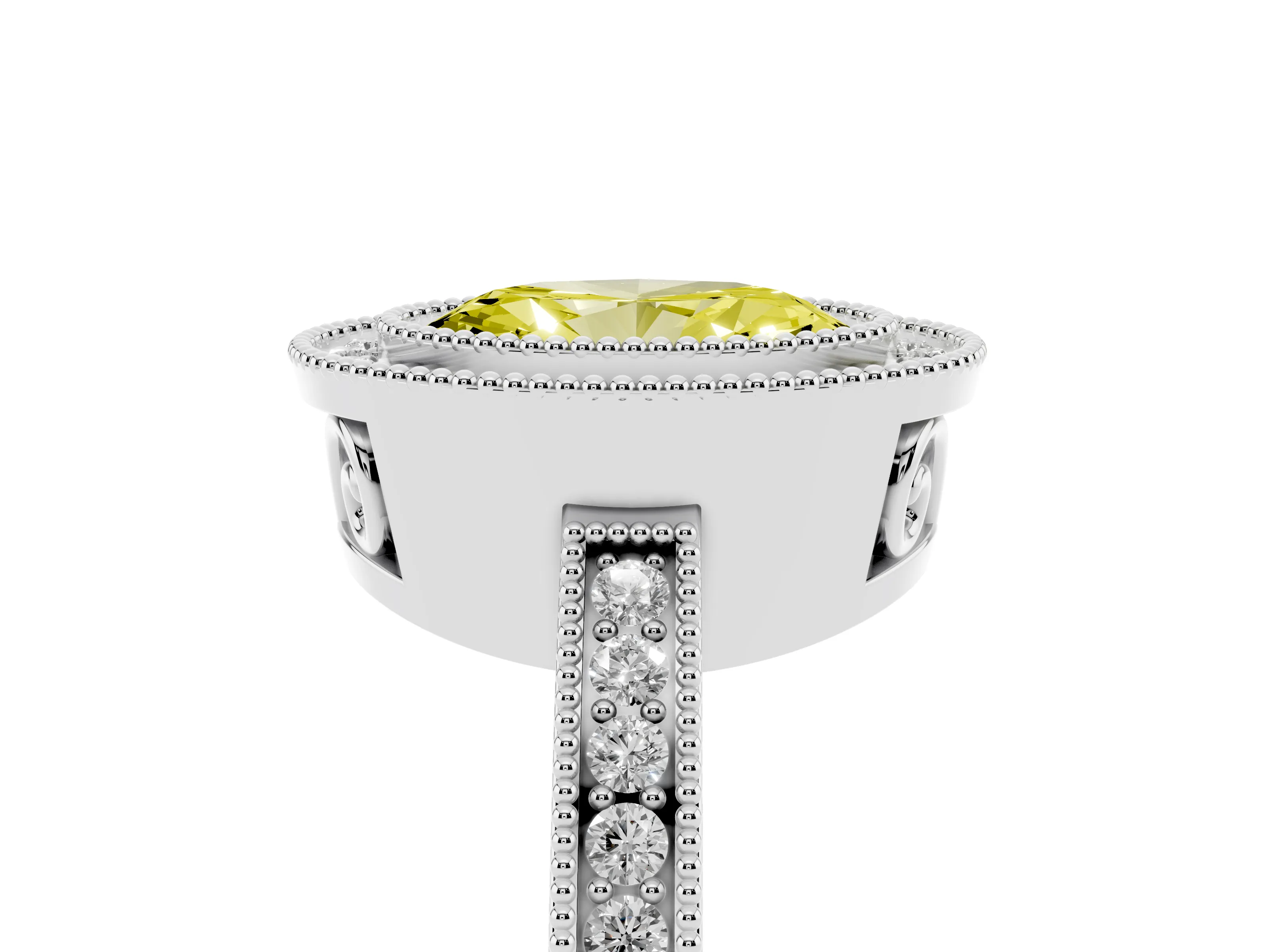 Fancy Yellow Oval Cut Diamond Halo Ring Set in Silver with Pavé Band and Milgrain-Edged Prongs