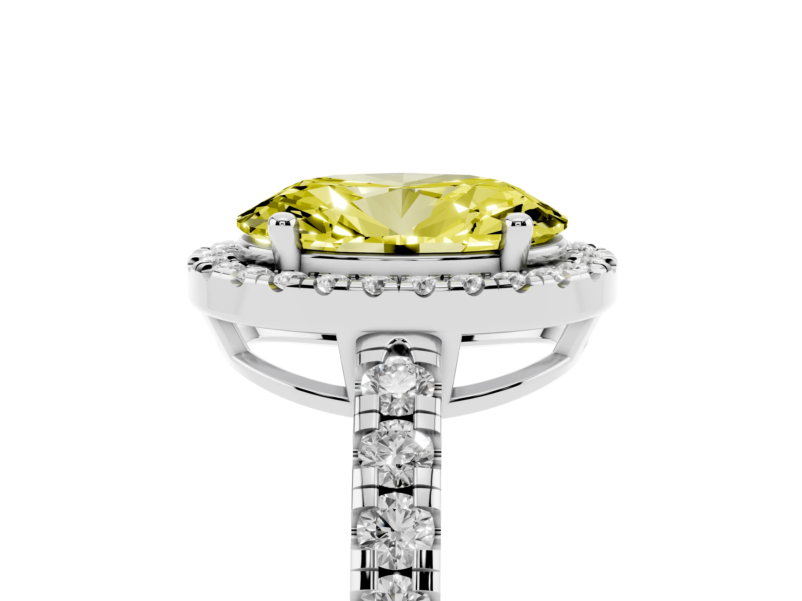 Fancy Yellow Oval Cut Diamond Halo Ring Set in Platinum with Delicate Pavé Band and Prong Setting