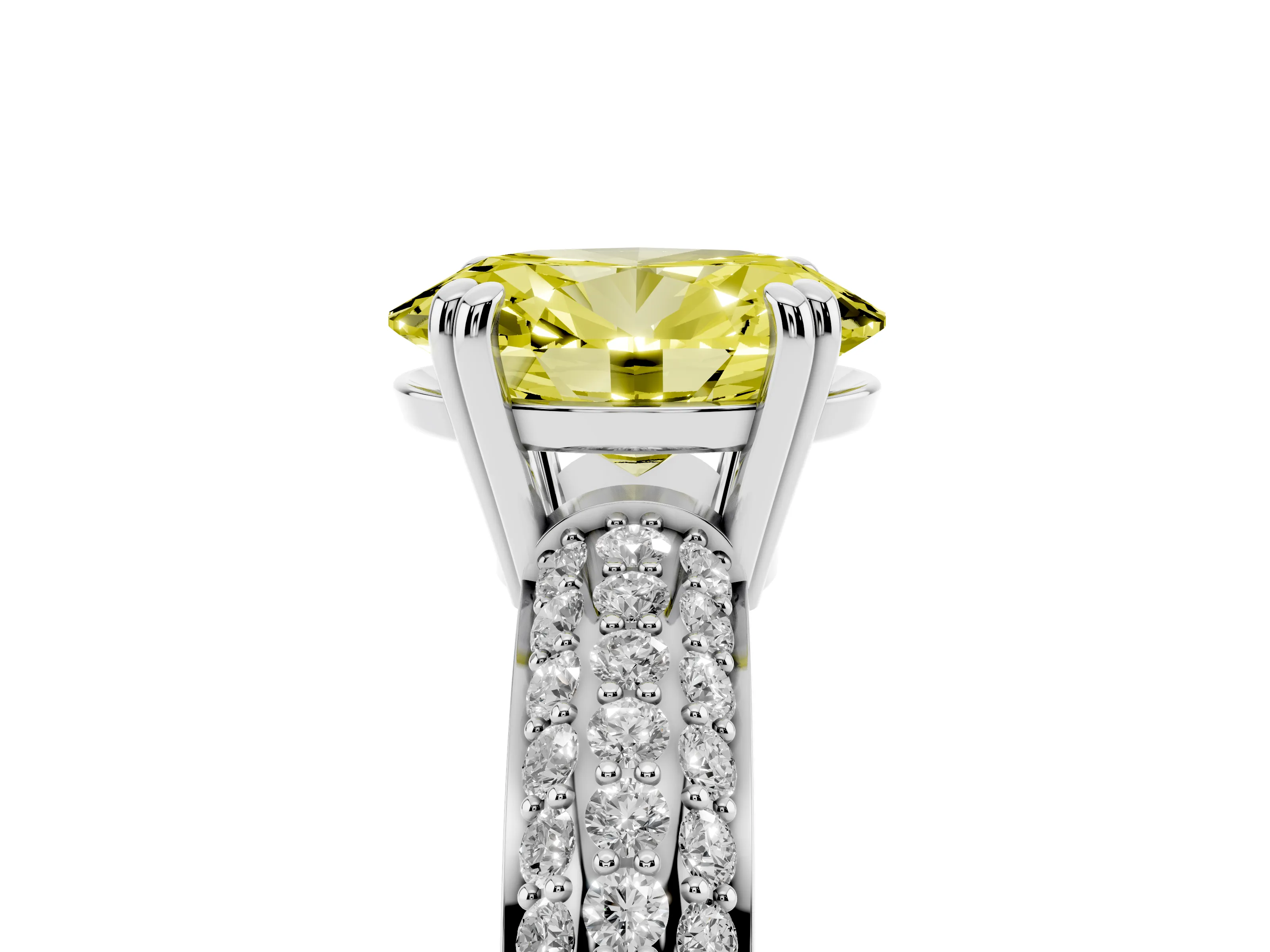 Fancy Yellow Oval Cut Diamond Solitaire Ring Set in Platinum with Multi-Row Round Pavé Band and Prong Setting