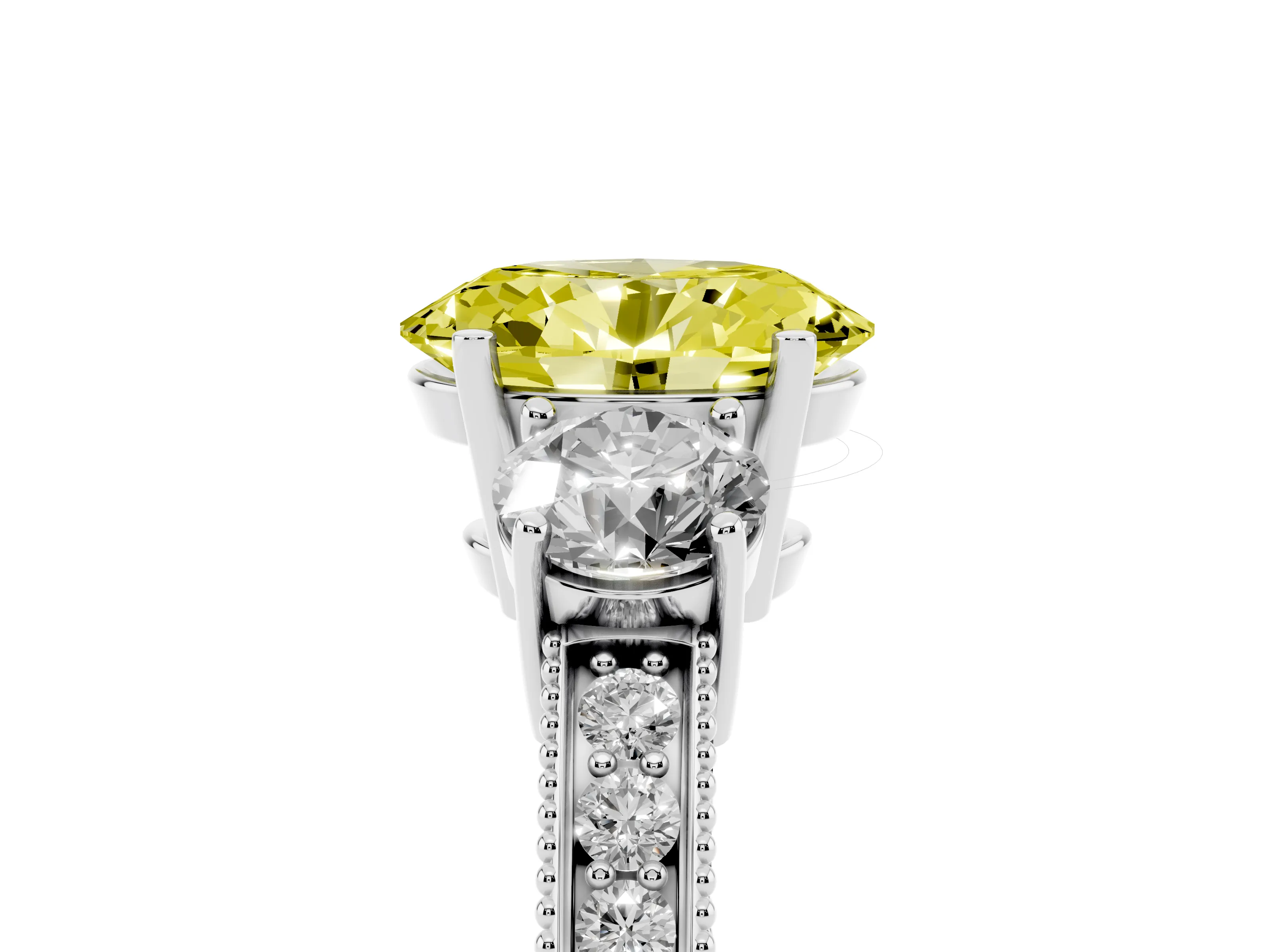 Fancy Yellow Oval Cut Diamond Three-Stone Ring Set in Silver with Round Side Stones and Pavé Band