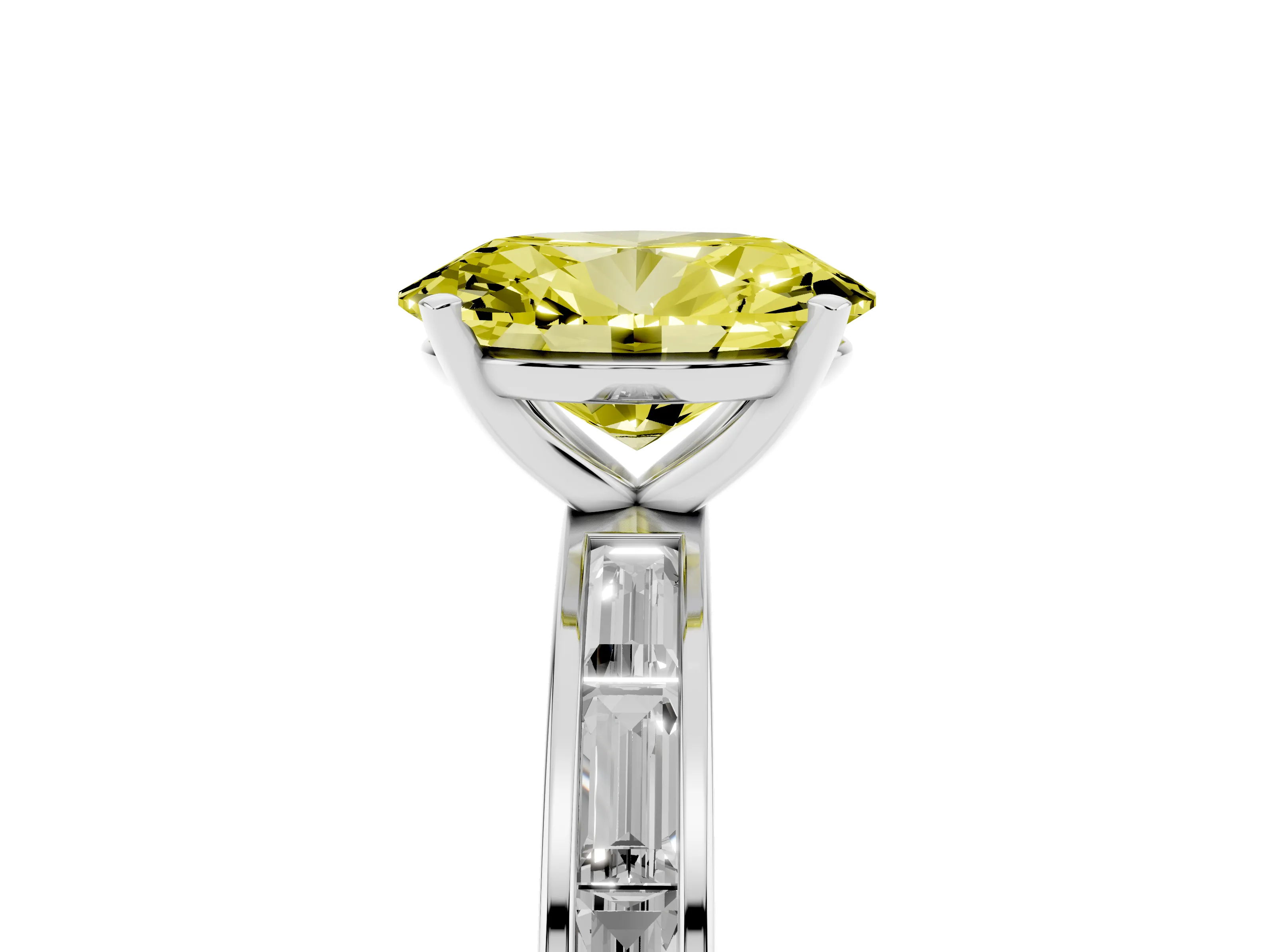 Fancy Yellow Oval Cut Diamond Solitaire Ring Set in Silver with Channel-Set Baguette Band and Prong Setting