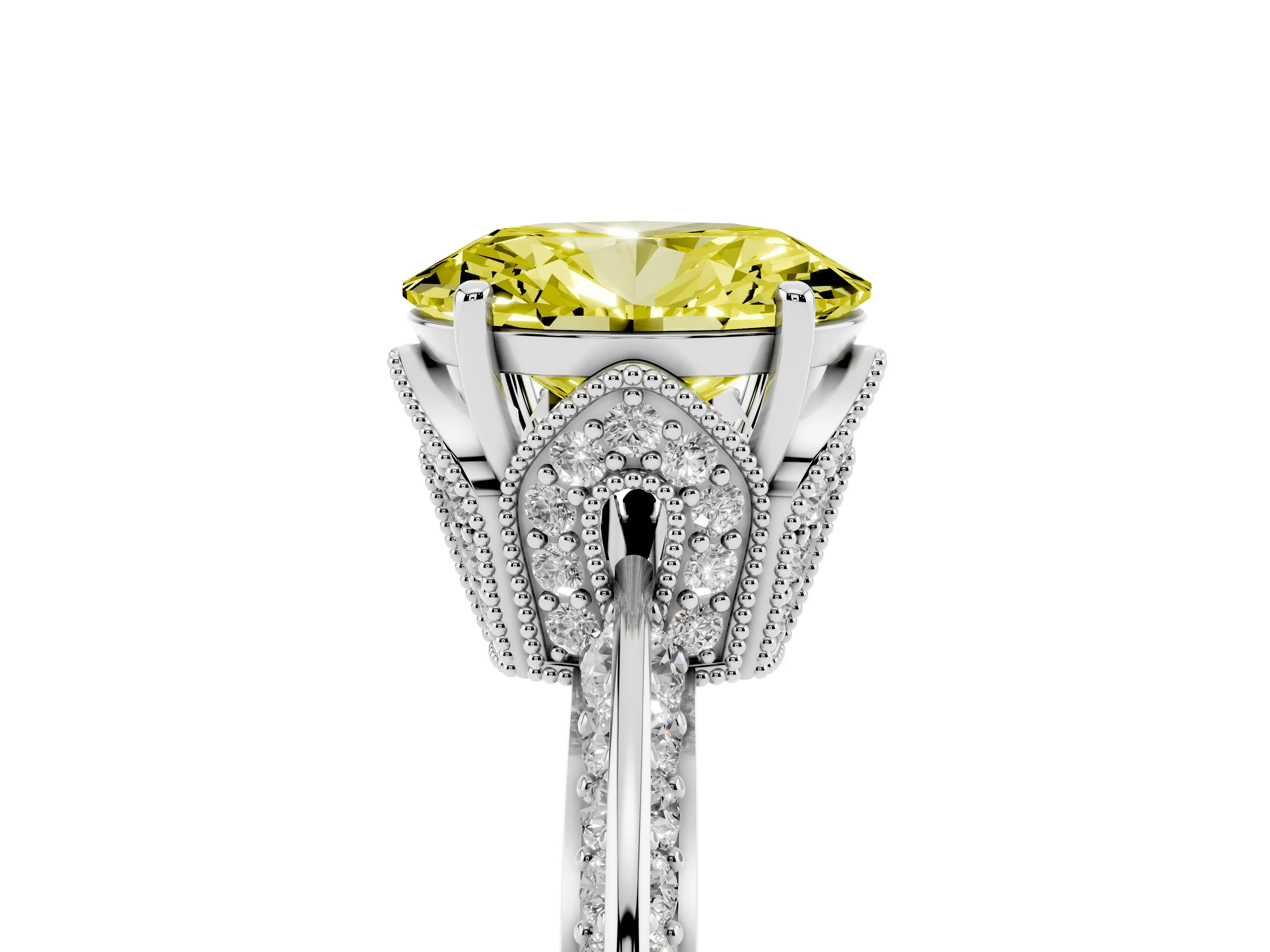 Fancy Yellow Oval Cut Diamond Solitaire Engagement Ring Set in Silver with Pavé Split Shank and Prong Setting