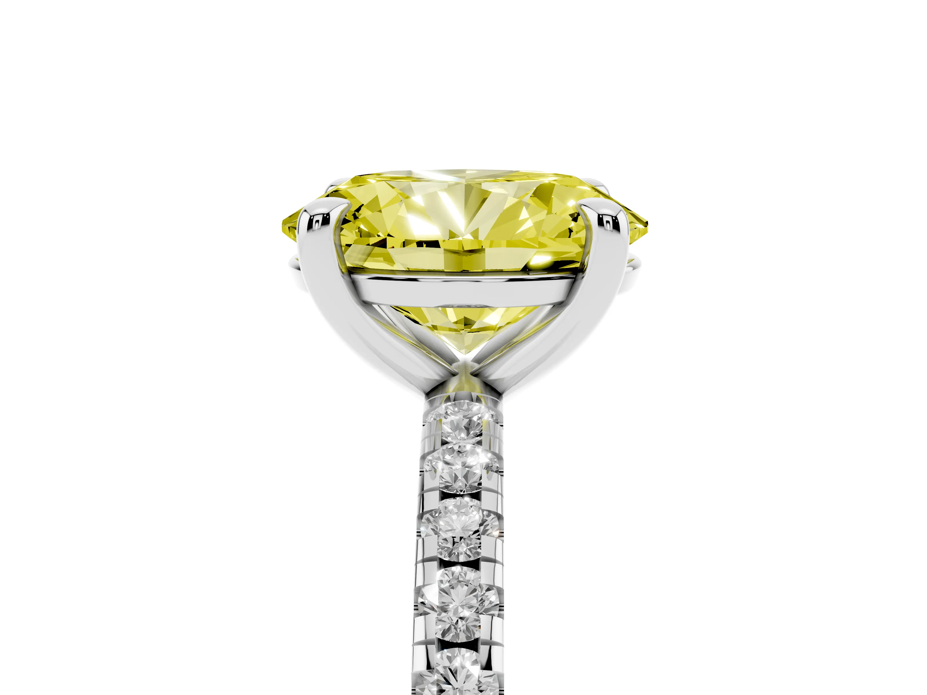 Fancy Yellow Oval Cut Diamond Brilliant Solitaire Ring Set in White gold with Pavé Band and Prong Setting