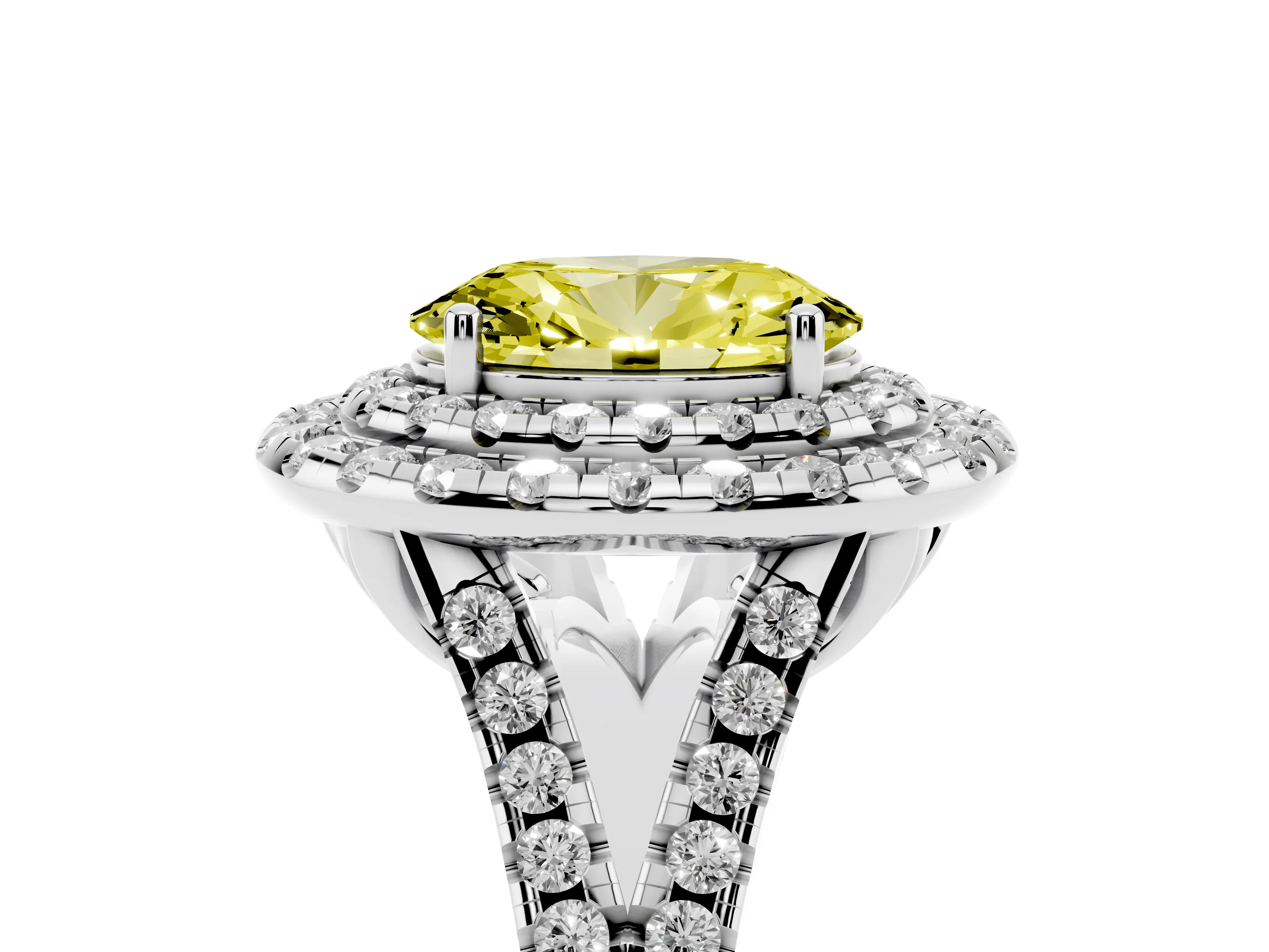 Fancy Yellow Oval Cut Diamond Double Halo Ring Set in White gold with Pavé Split Shank and Prong Setting
