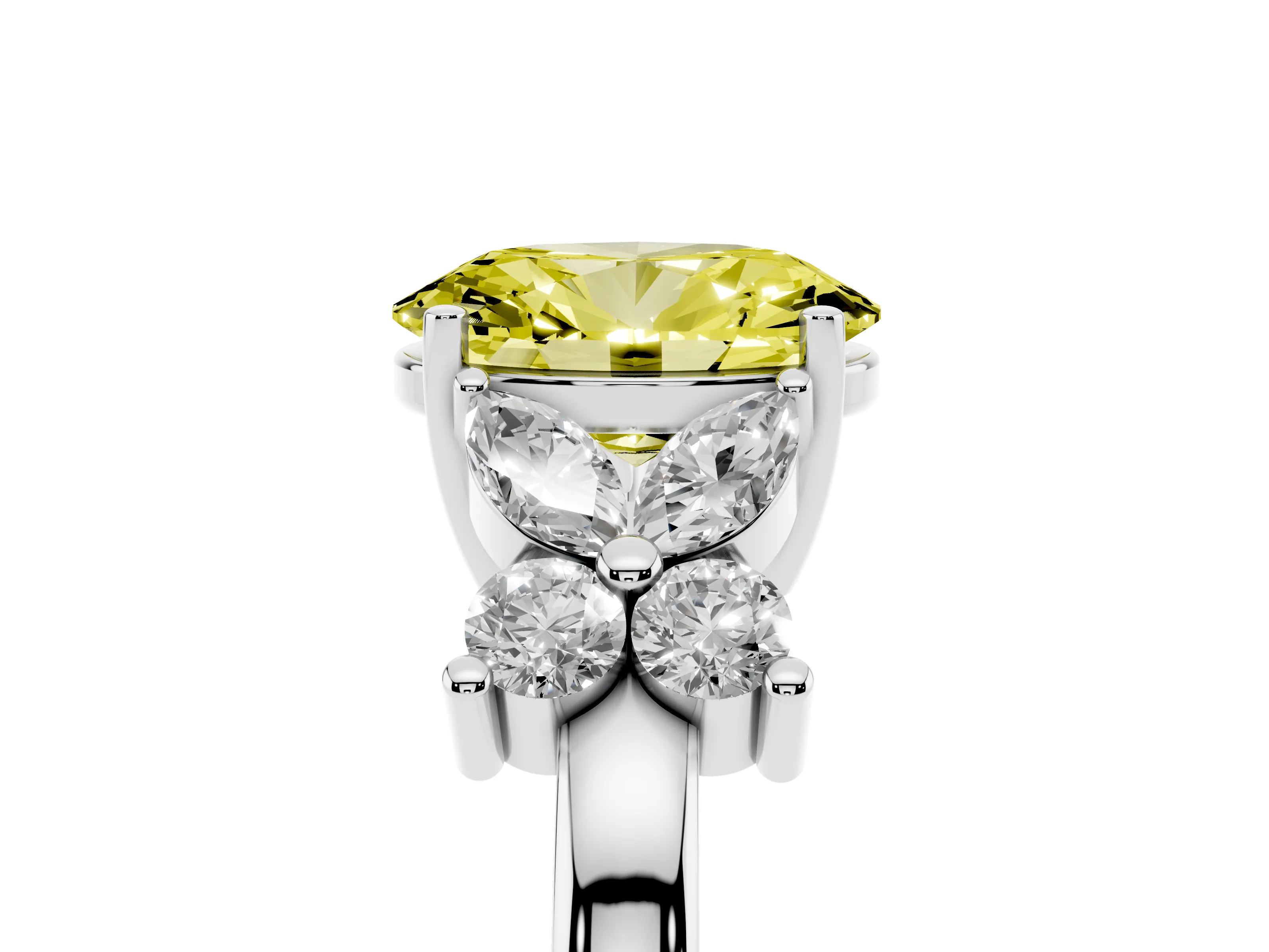 Fancy Yellow Oval Cut Diamond Floral Cluster Ring Set in Platinum with Marquise Petals and Prong Setting
