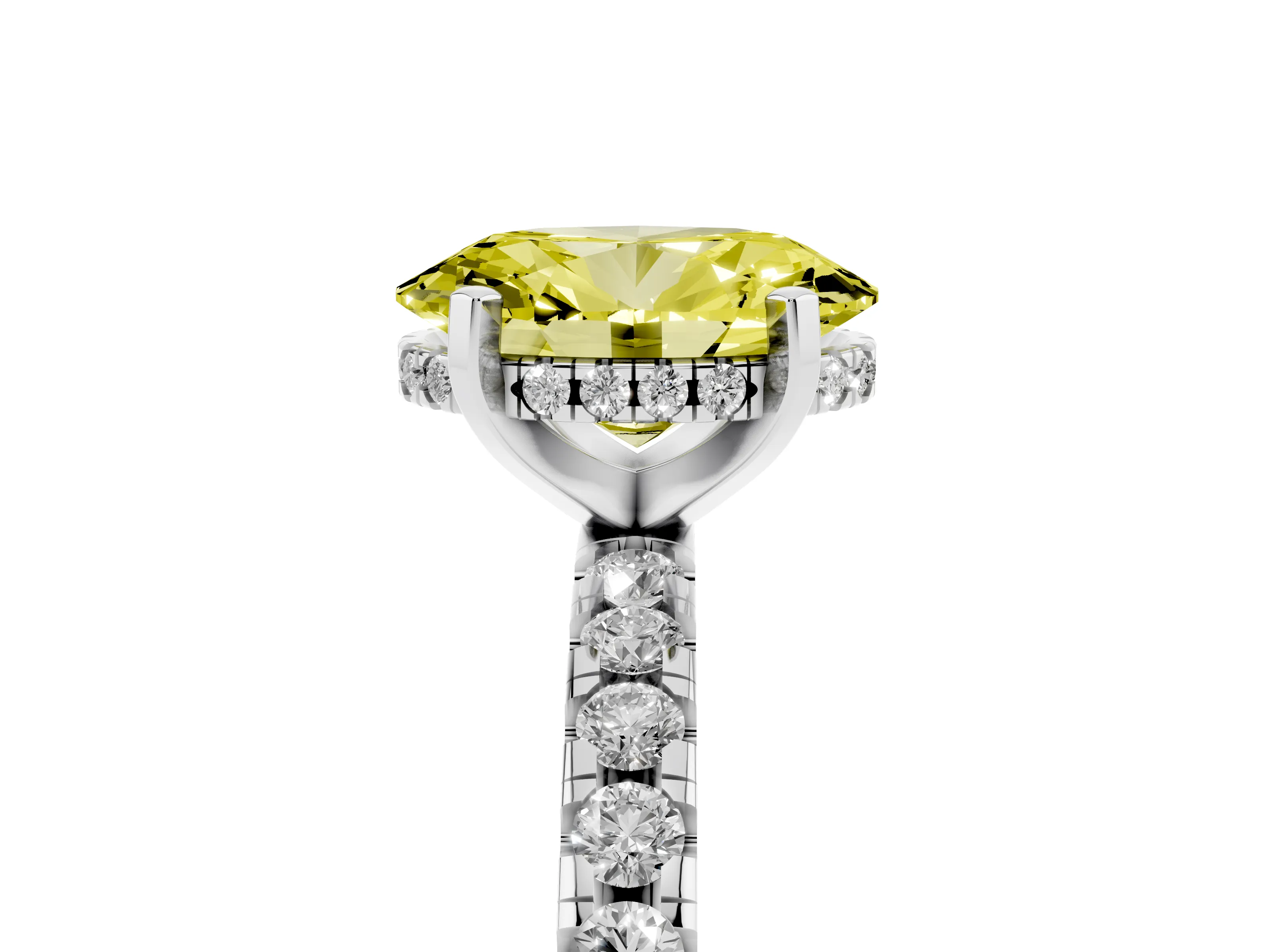 Fancy Yellow Oval Cut Diamond Pavé Solitaire Ring Set in Silver with Round Band Accents and Prong Setting
