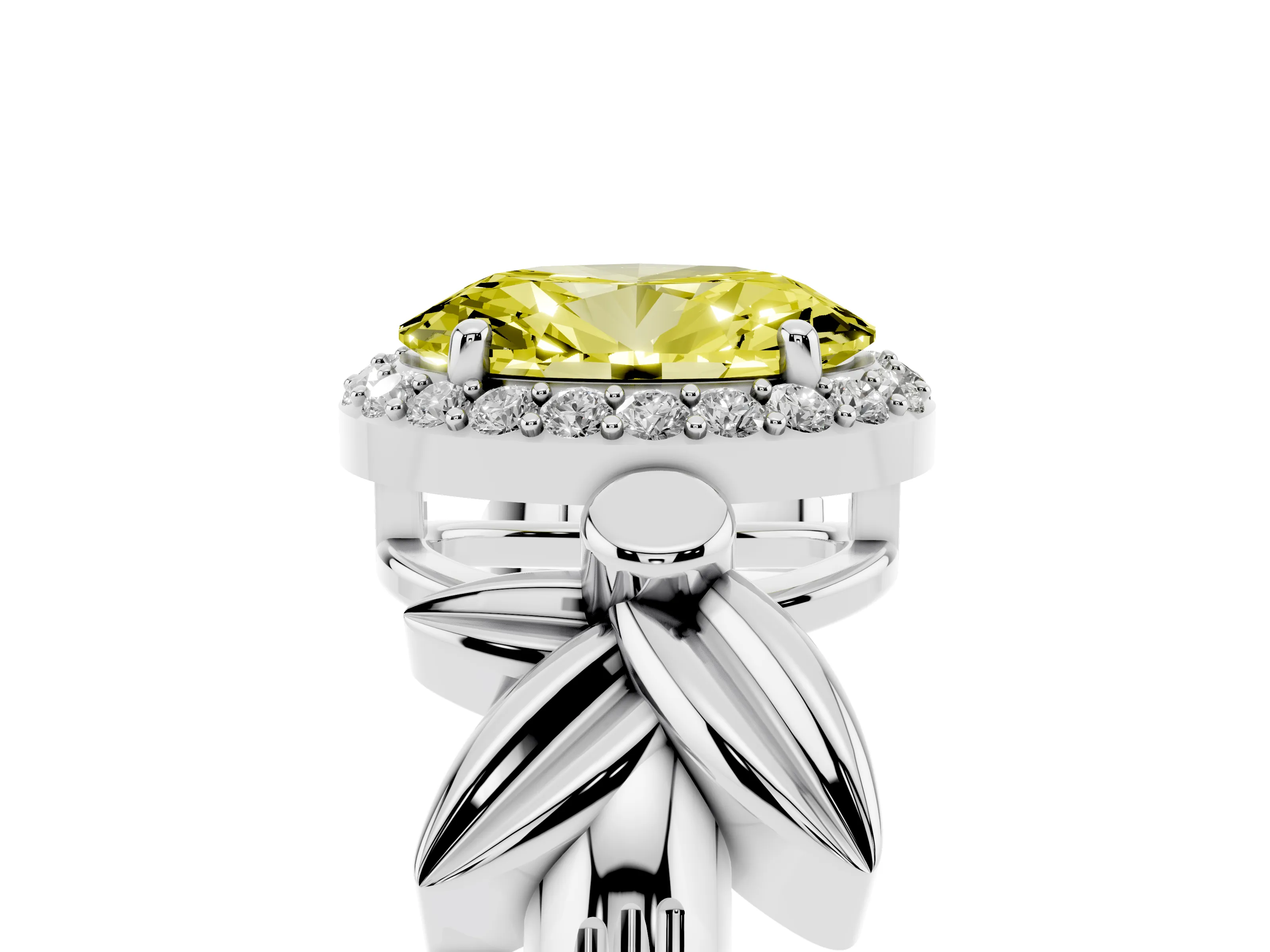Fancy Yellow Oval Cut Diamond Halo Floral Band Ring Set in Silver with Prong Setting