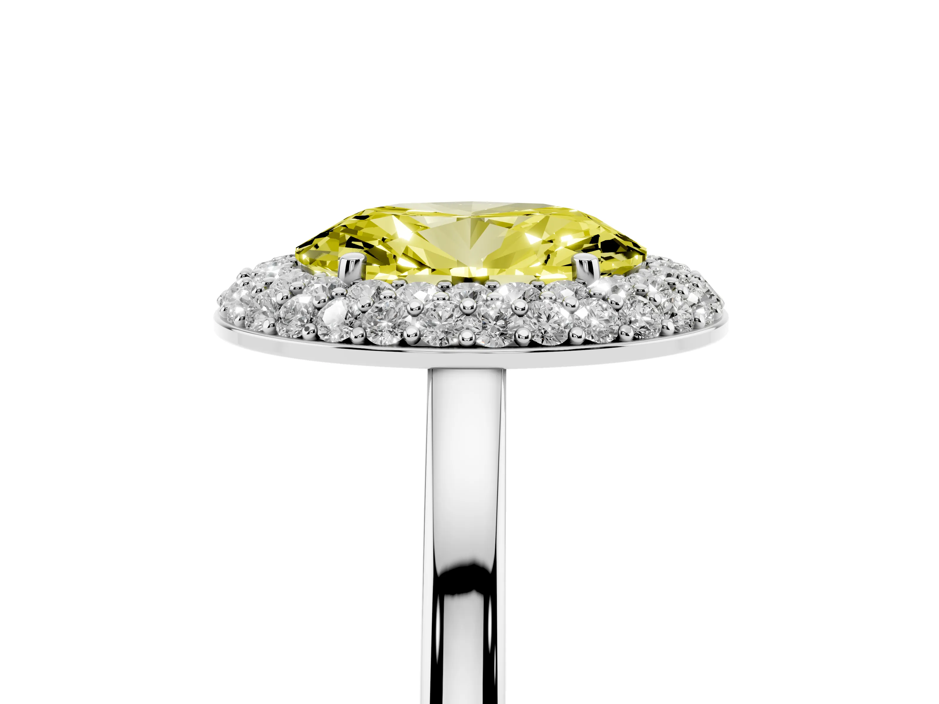 Fancy Yellow Oval Cut Diamond Halo Engagement Ring Set in White gold with Solitaire Band and Prong Setting