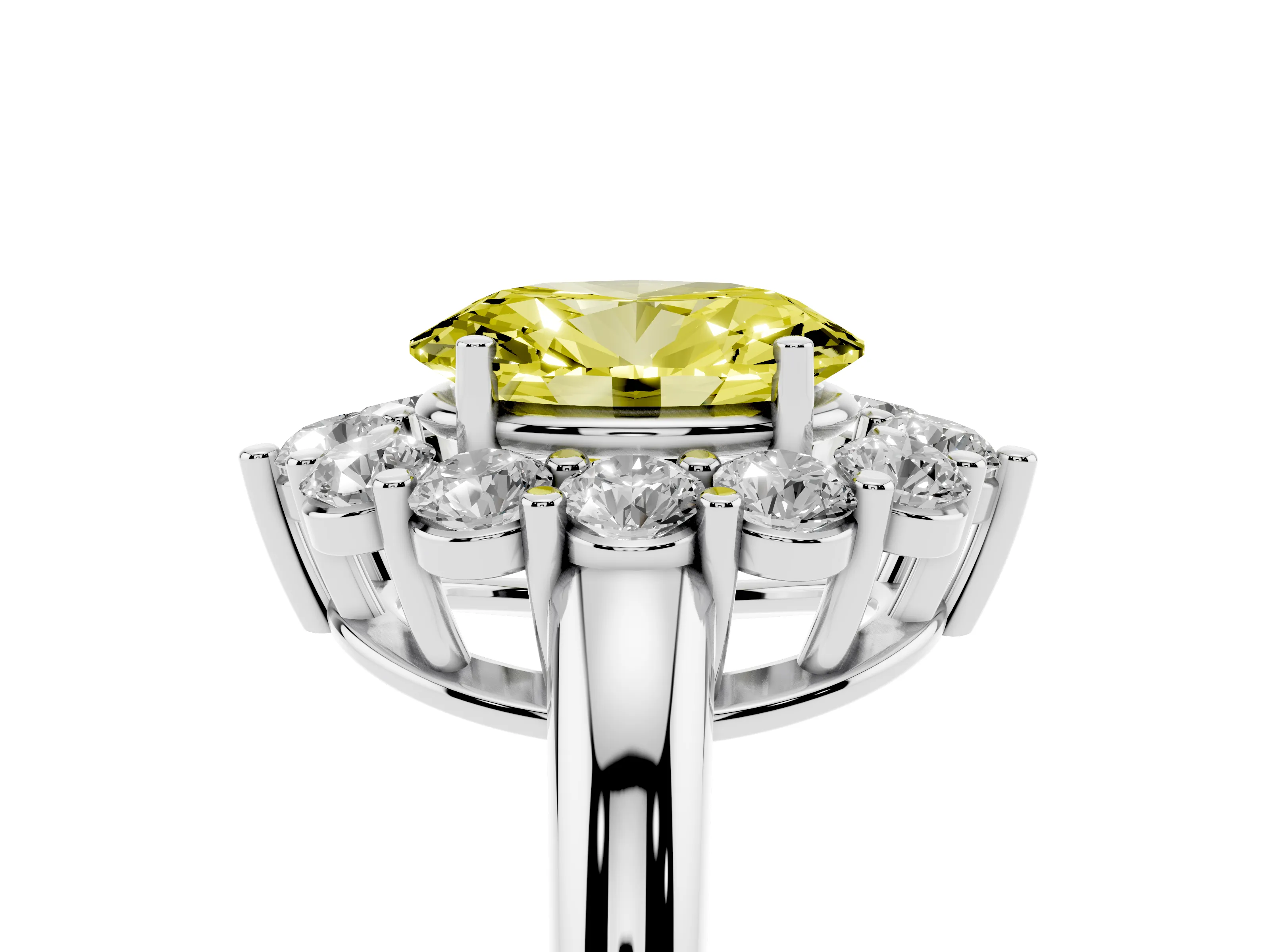 Fancy Yellow Oval Cut Diamond Halo Cluster Engagement Ring Set in Silver with Polished Band and Prong Setting