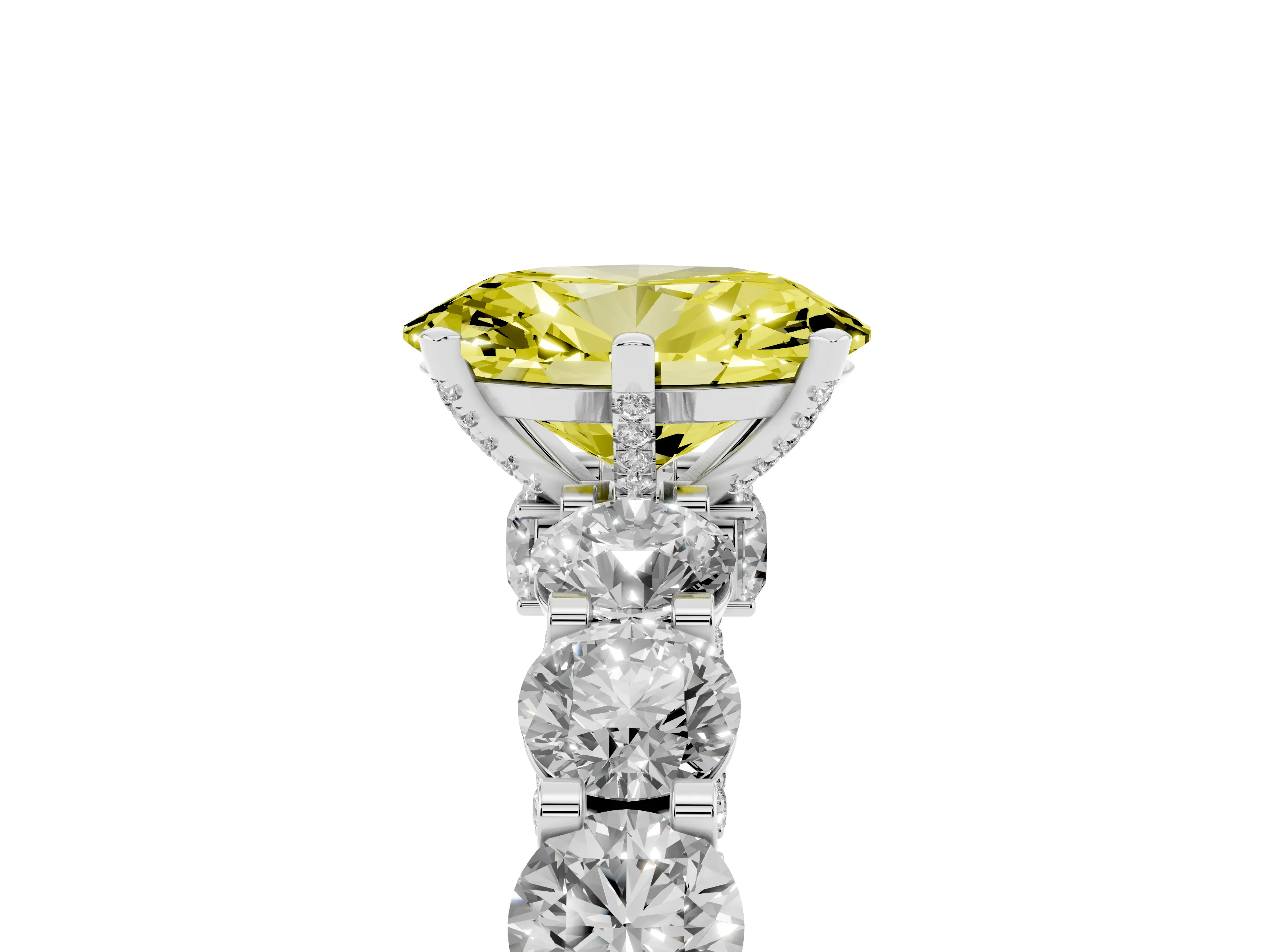 Fancy Yellow Oval Cut Diamond Side Stone Ring Set in Platinum with Alternating Round and Oval Side Stones