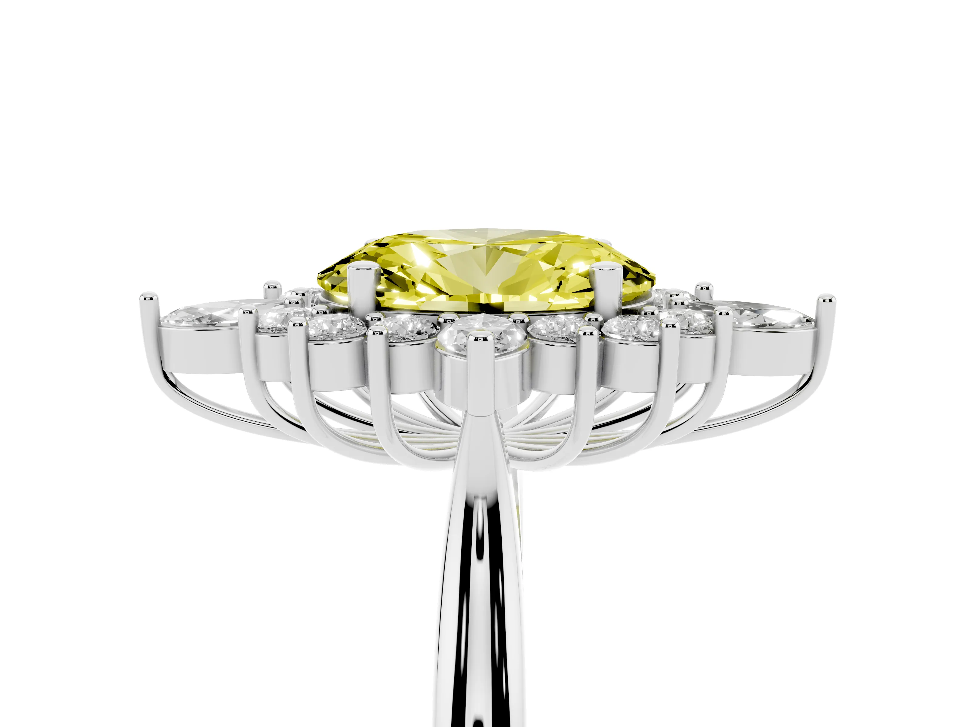 Fancy Yellow Oval Cut Diamond Cluster Halo Ring Set in White gold with Marquise and Round Accents