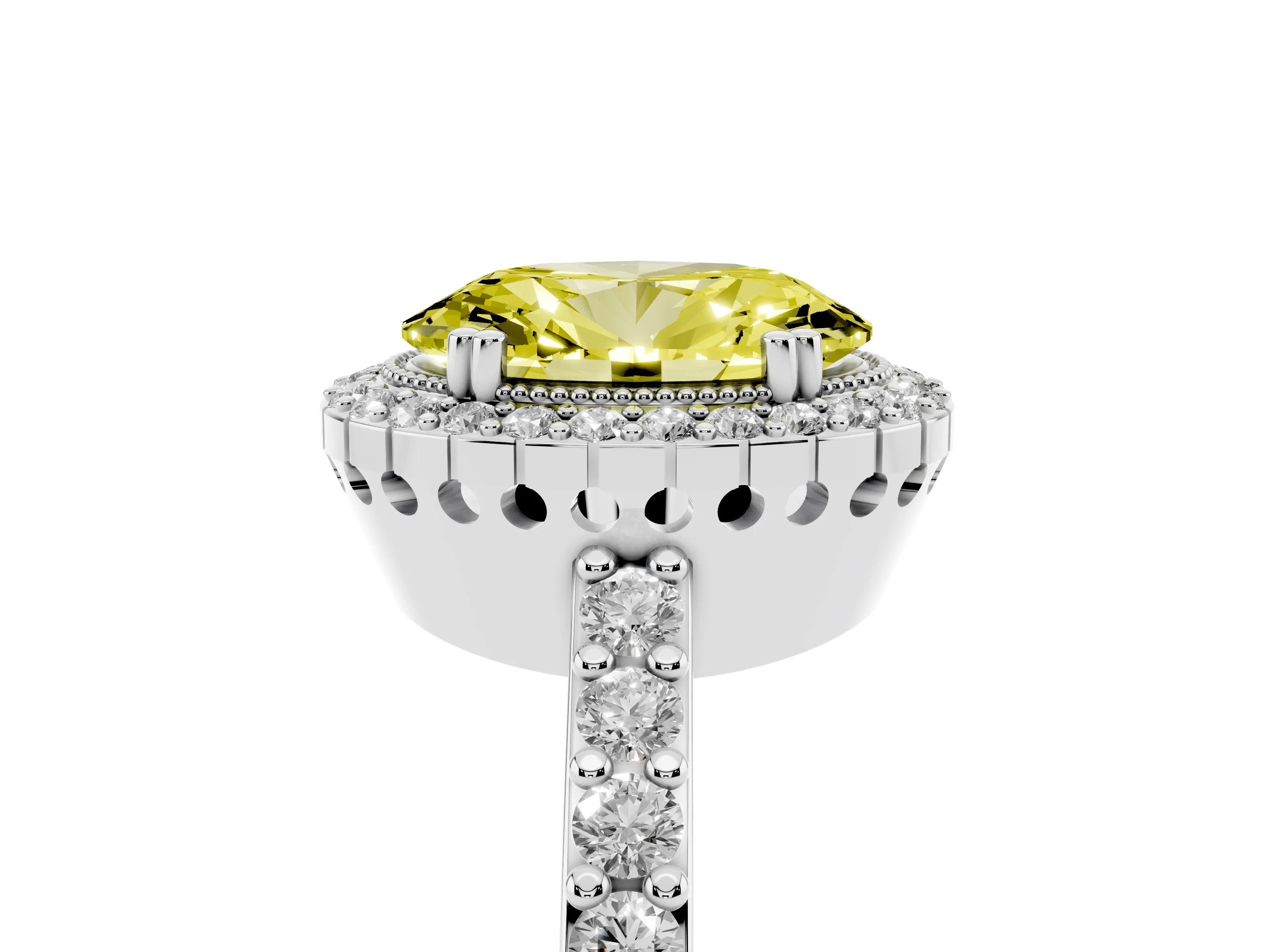 Fancy Yellow Oval Cut Diamond Halo Engagement Ring Set in Platinum with Milgrain Detail and Pavé Band