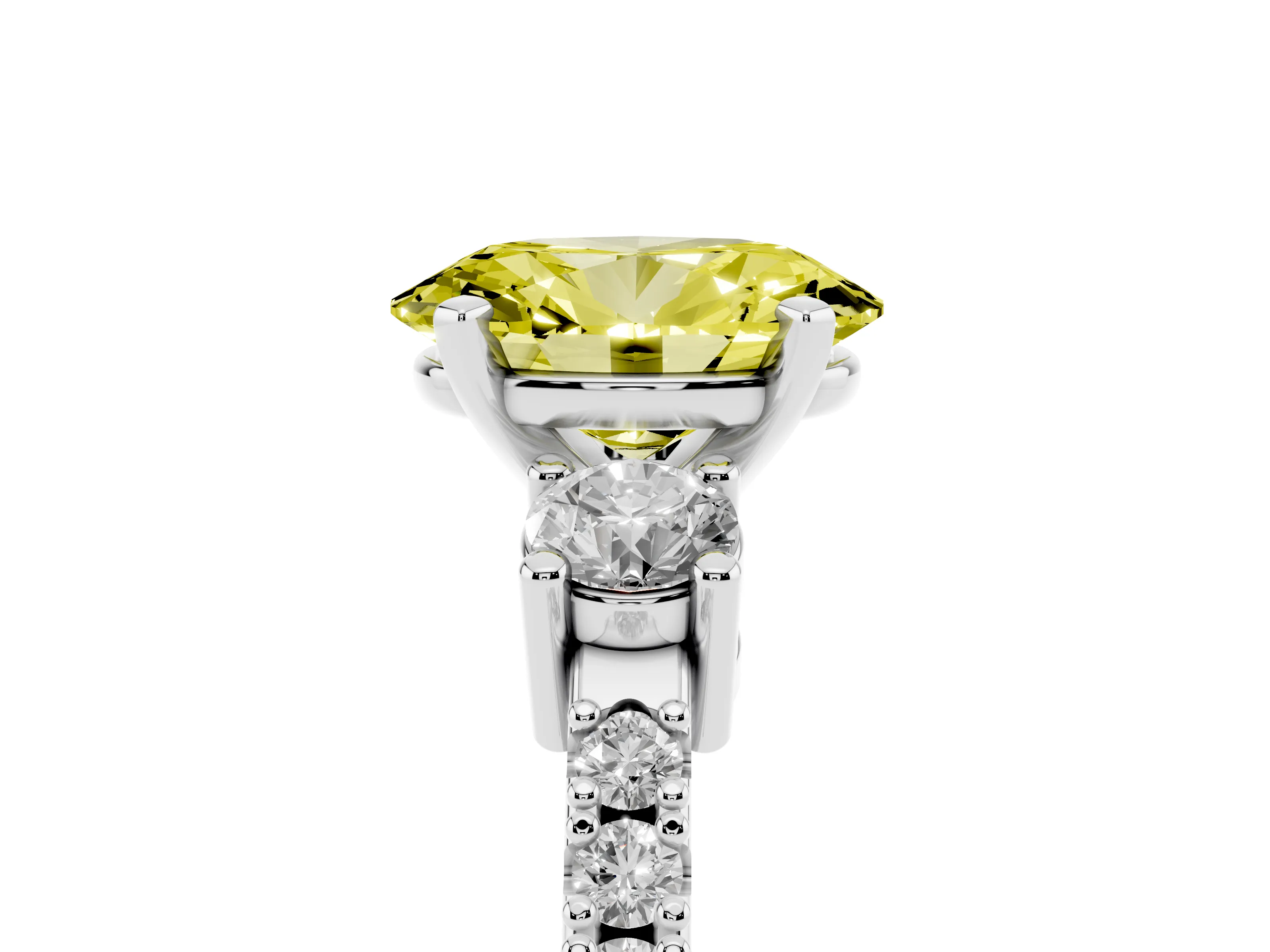 Fancy Yellow Three-Stone Oval Cut Diamond Pavé Band Ring Set in White gold with Prong Setting