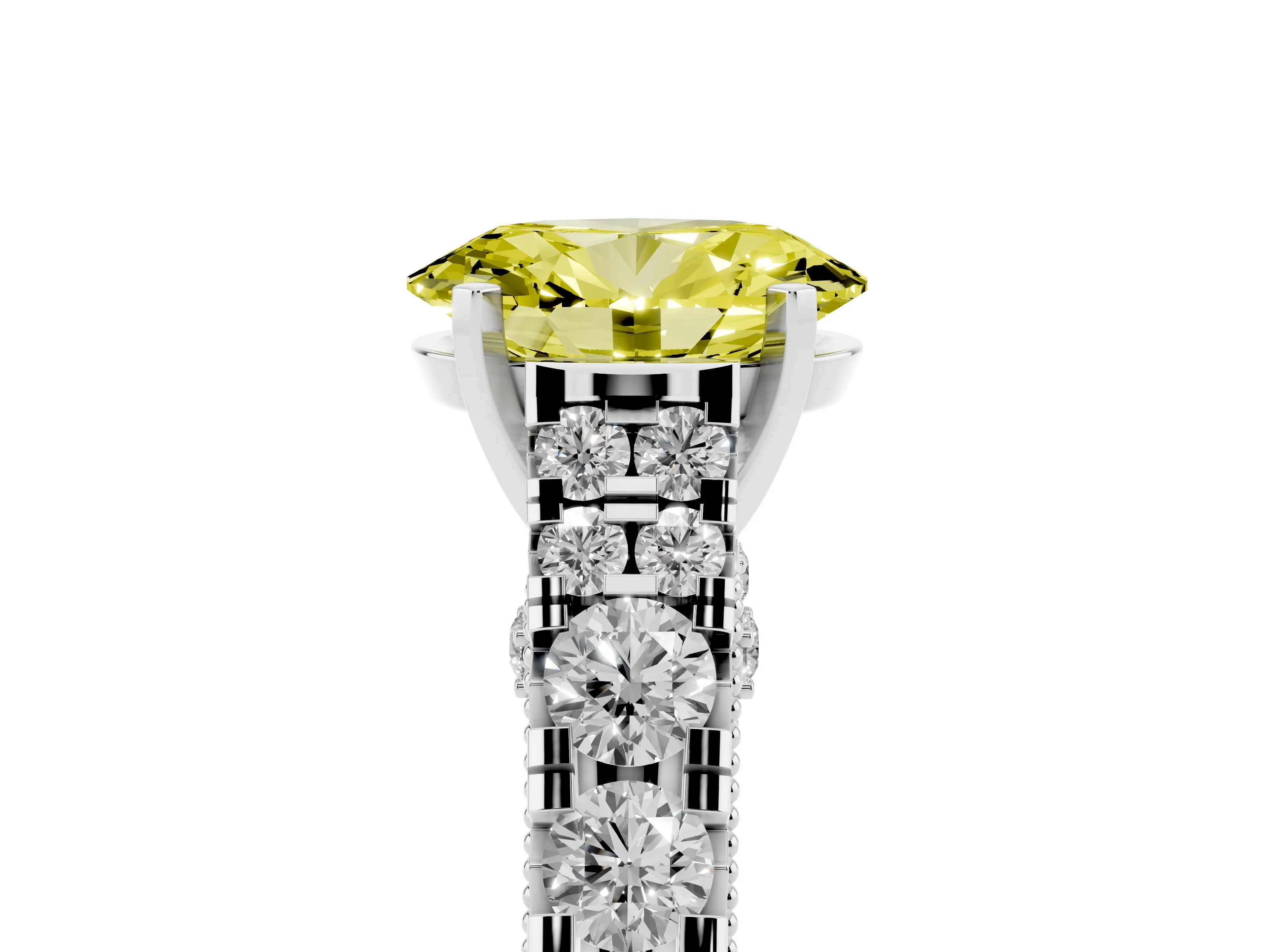 Fancy Yellow Oval Cut Diamond Classic Solitaire Ring Set in Platinum with Pavé Band and Prong Setting