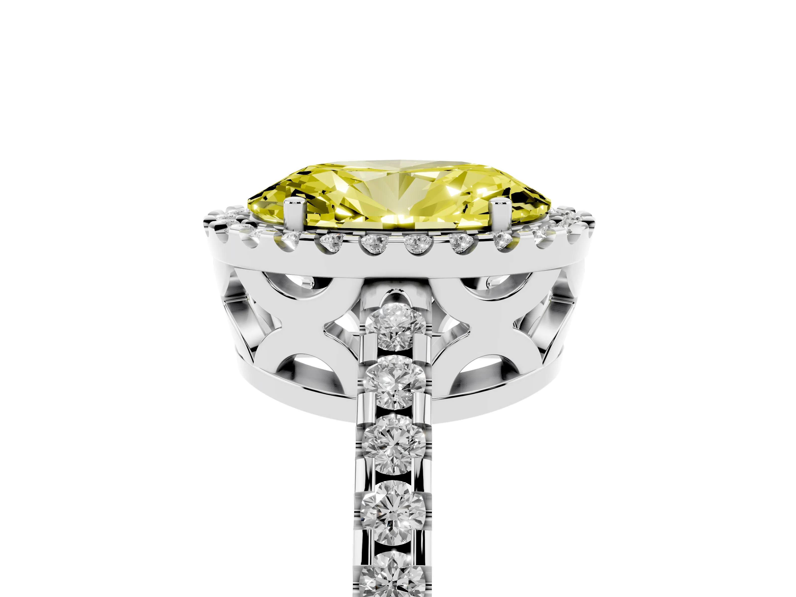 Fancy Yellow Oval Cut Diamond Halo Ring Set in Silver with Pavé Shoulders and Halo-Framed Center