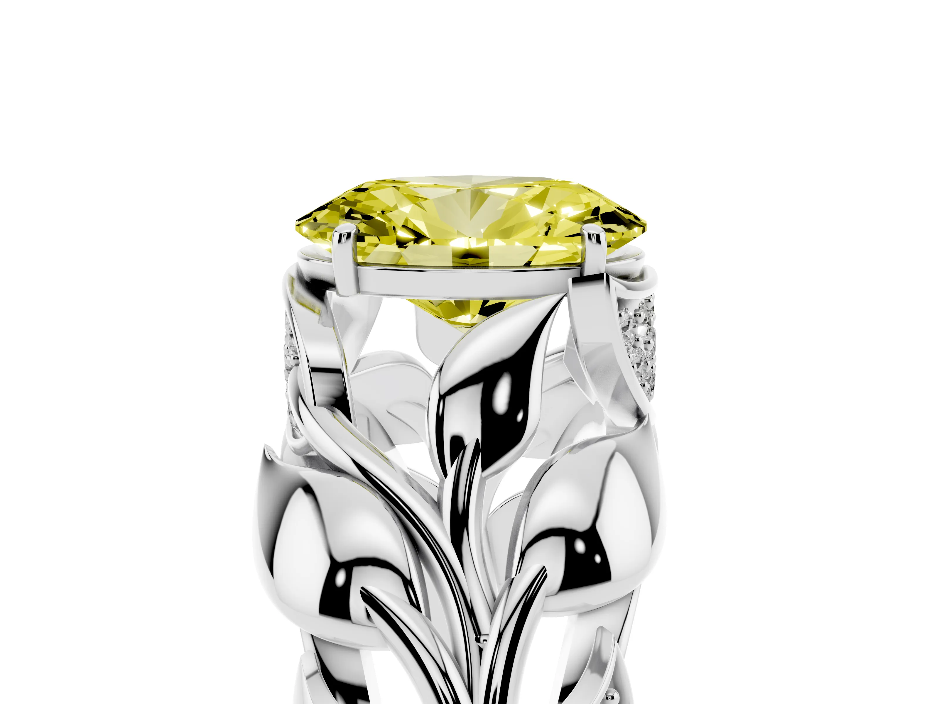 Fancy Yellow Oval Cut Diamond Leaf-Inspired Engagement Ring Set in White gold with Round Accents
