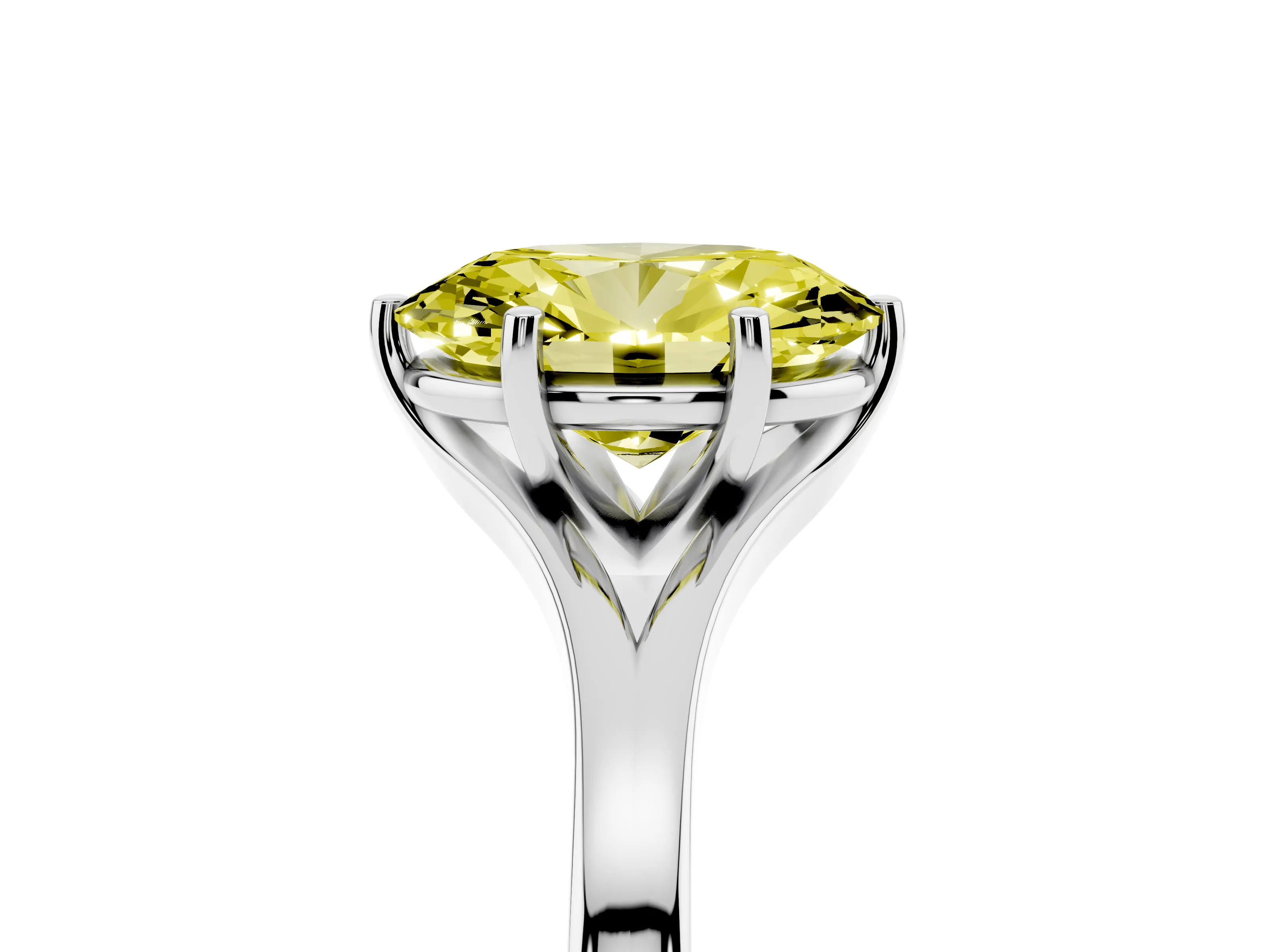 Fancy Yellow Oval Cut Diamond Solitaire Ring Set in Silver with Polished Tapered Band and Prong Setting