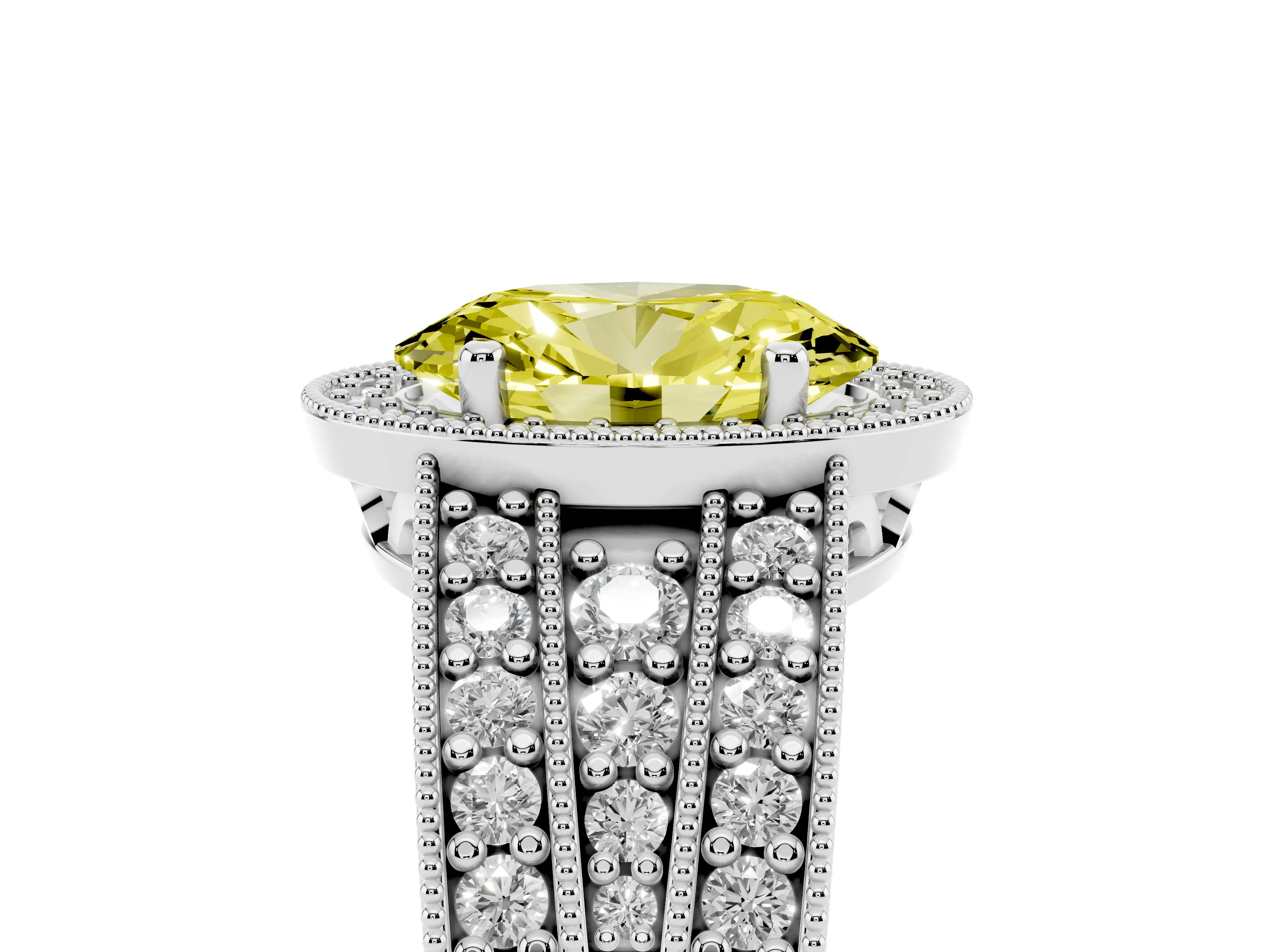 Fancy Yellow Oval Cut Diamond Halo Ring Set in Platinum with Accent Split Shank and Prong Setting