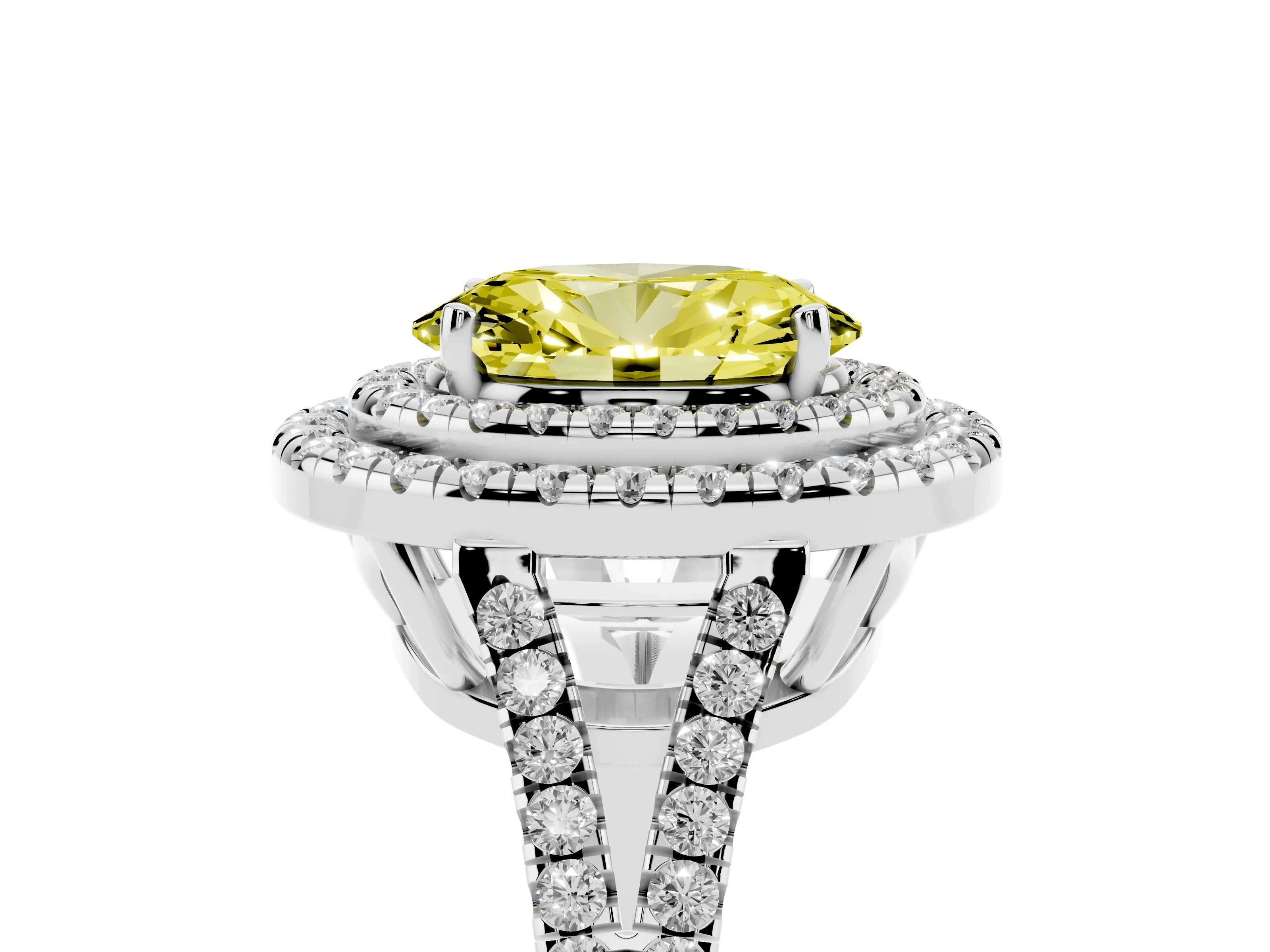 Fancy Yellow Oval Cut Diamond Double Halo Ring Set in Platinum with Pavé Band