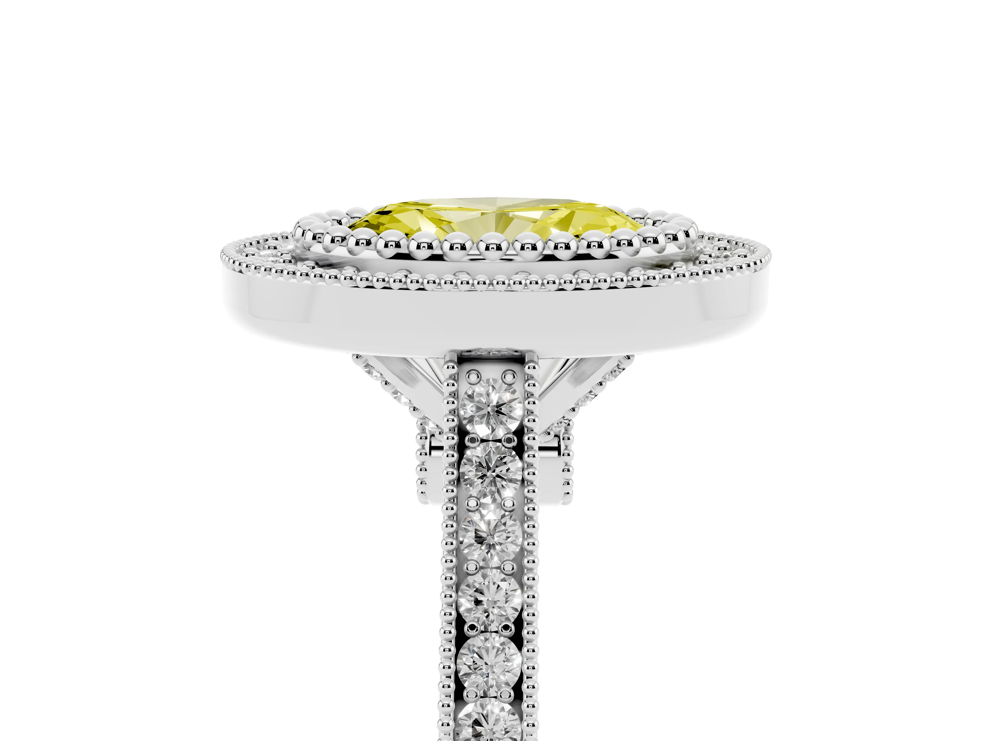 Fancy Yellow Oval Cut Diamond Halo Ring Set in Silver with Milgrain Frame and Pavé Band