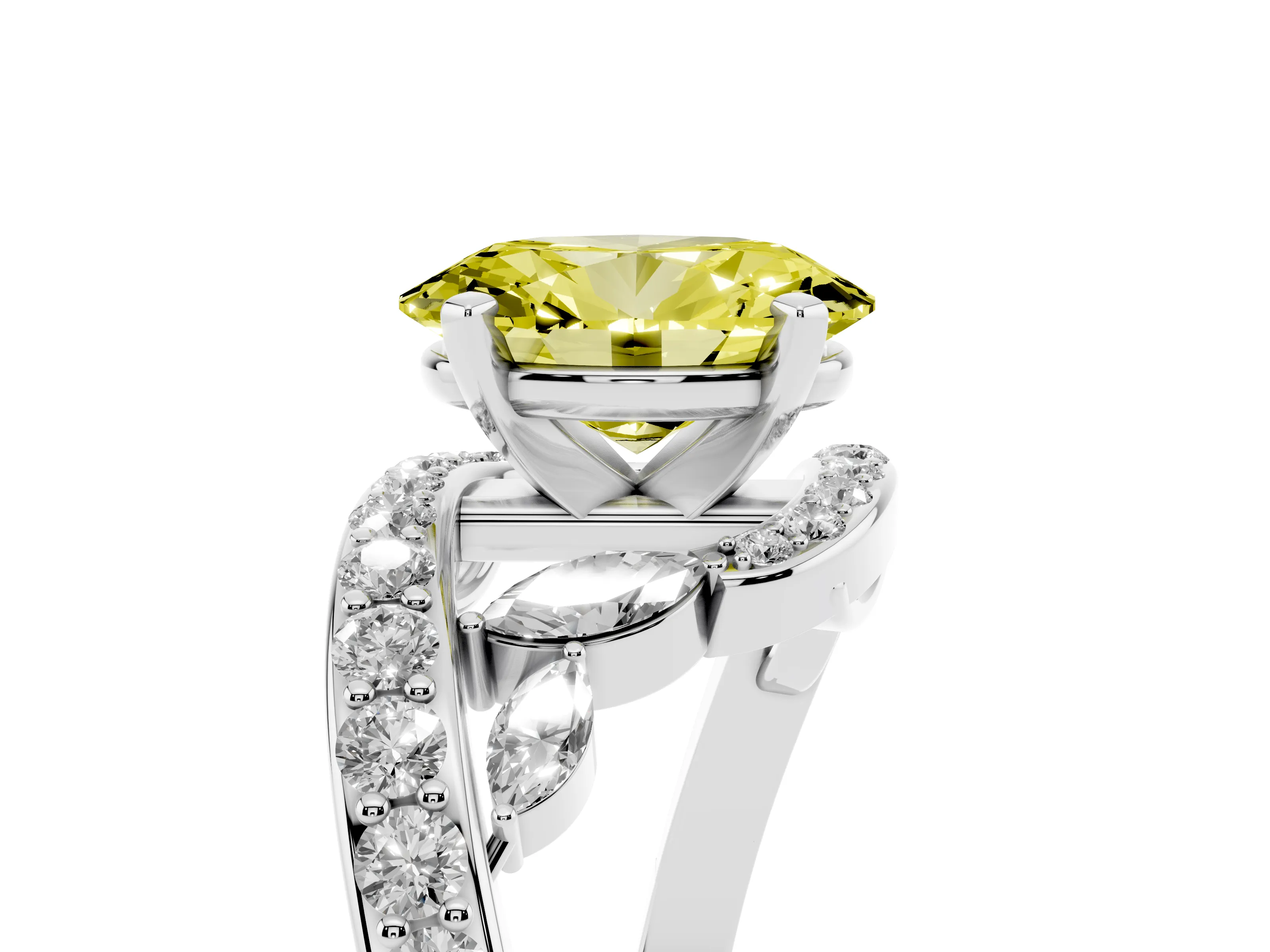 Fancy Yellow Oval Cut Diamond Solitaire Ring Set in Platinum with Pavé Twist Band and Secure Prong Setting