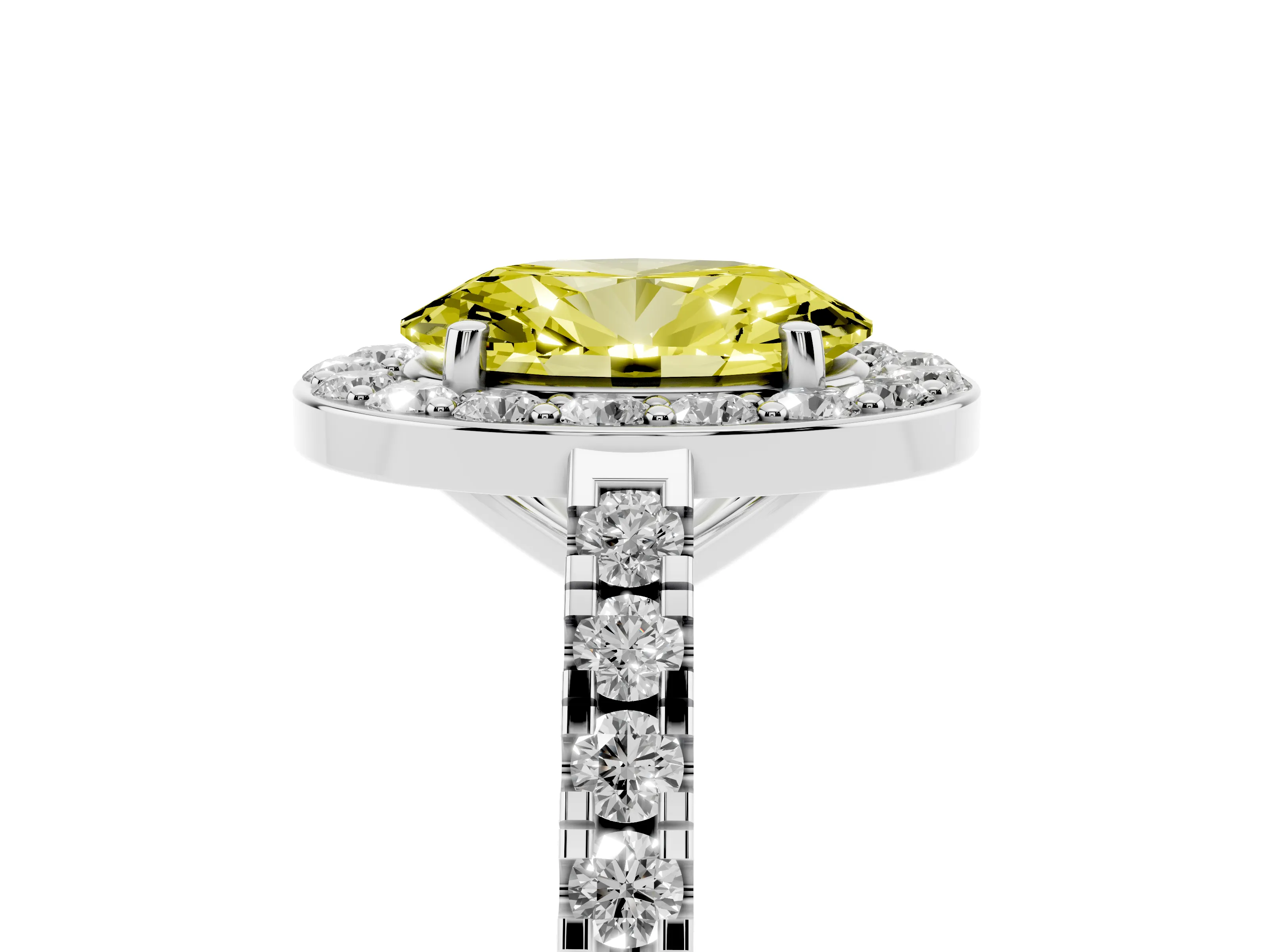 Fancy Yellow Oval Cut Diamond Halo Ring Set in Silver with Round Pavé Split Shank and Prong Setting