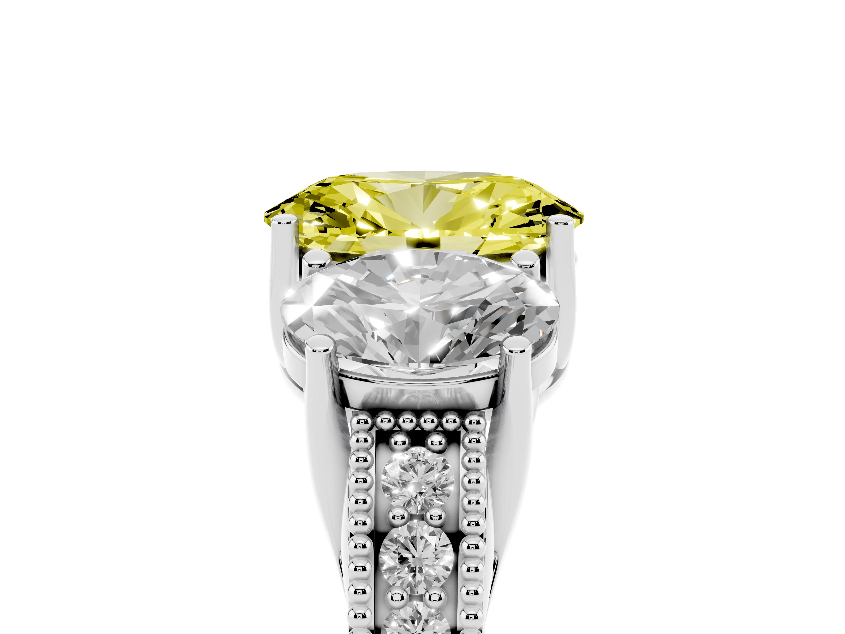 Fancy Yellow Oval Cut Diamond Three-Stone Engagement Ring Set in Silver with Milgrain Pavé Band