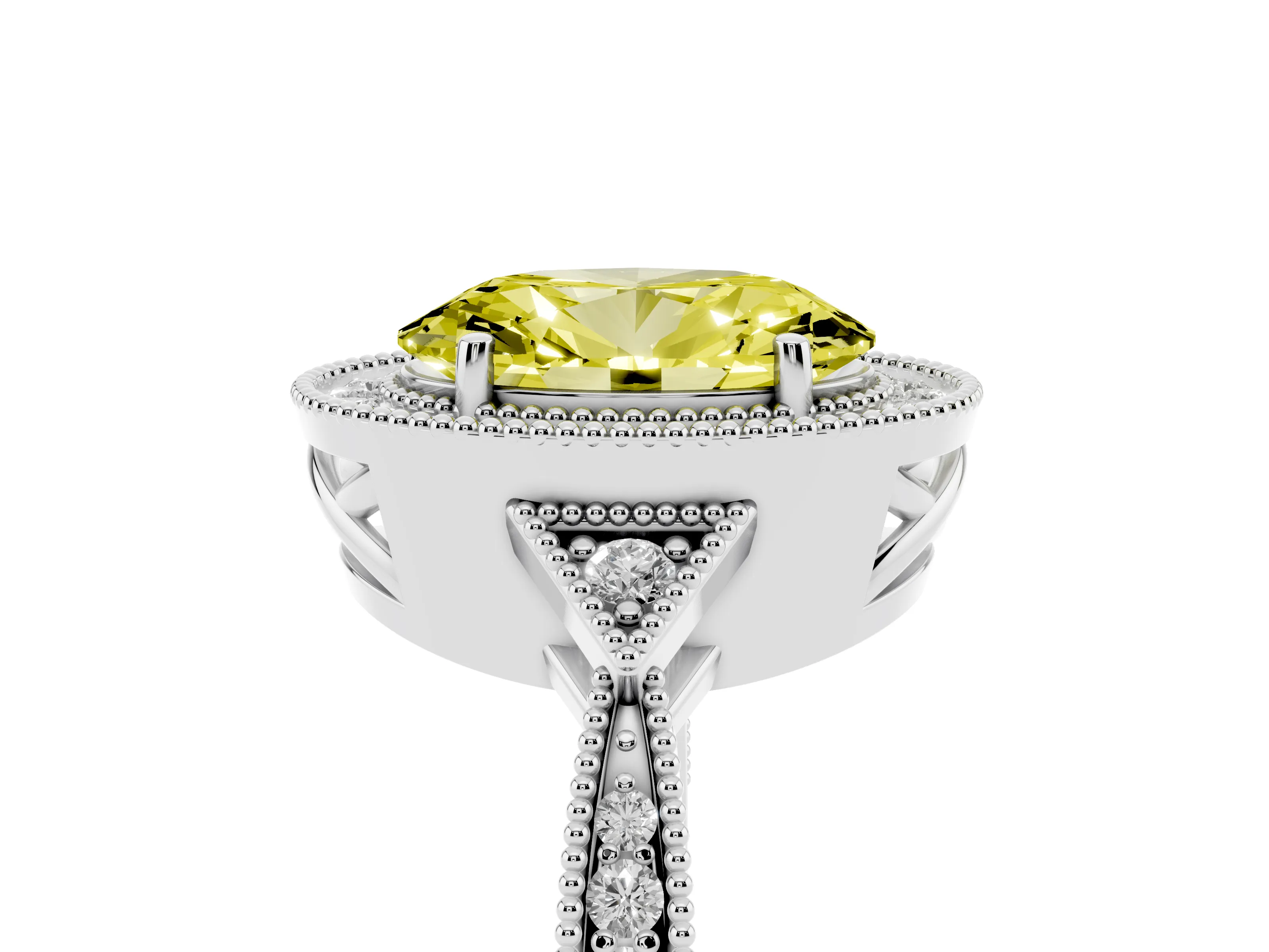 Fancy Yellow Oval Cut Diamond Halo Engagement Ring Set in Silver with Milgrain Pavé Band
