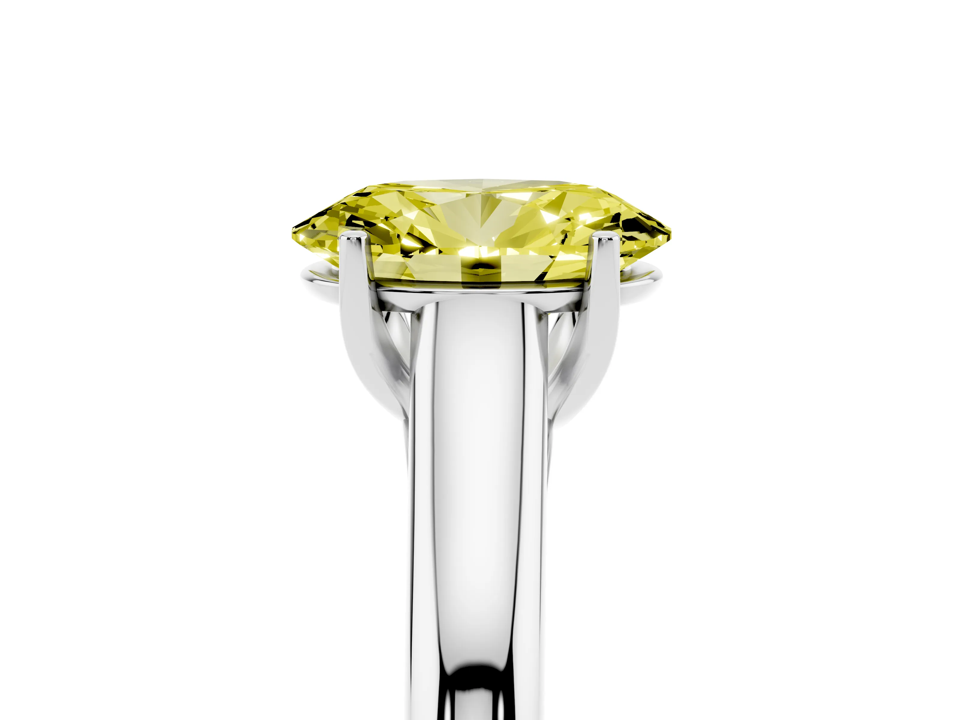 Fancy Yellow Oval Cut Diamond Solitaire Engagement Ring Set in White gold with Subtly Tapered Band and Prong Setting