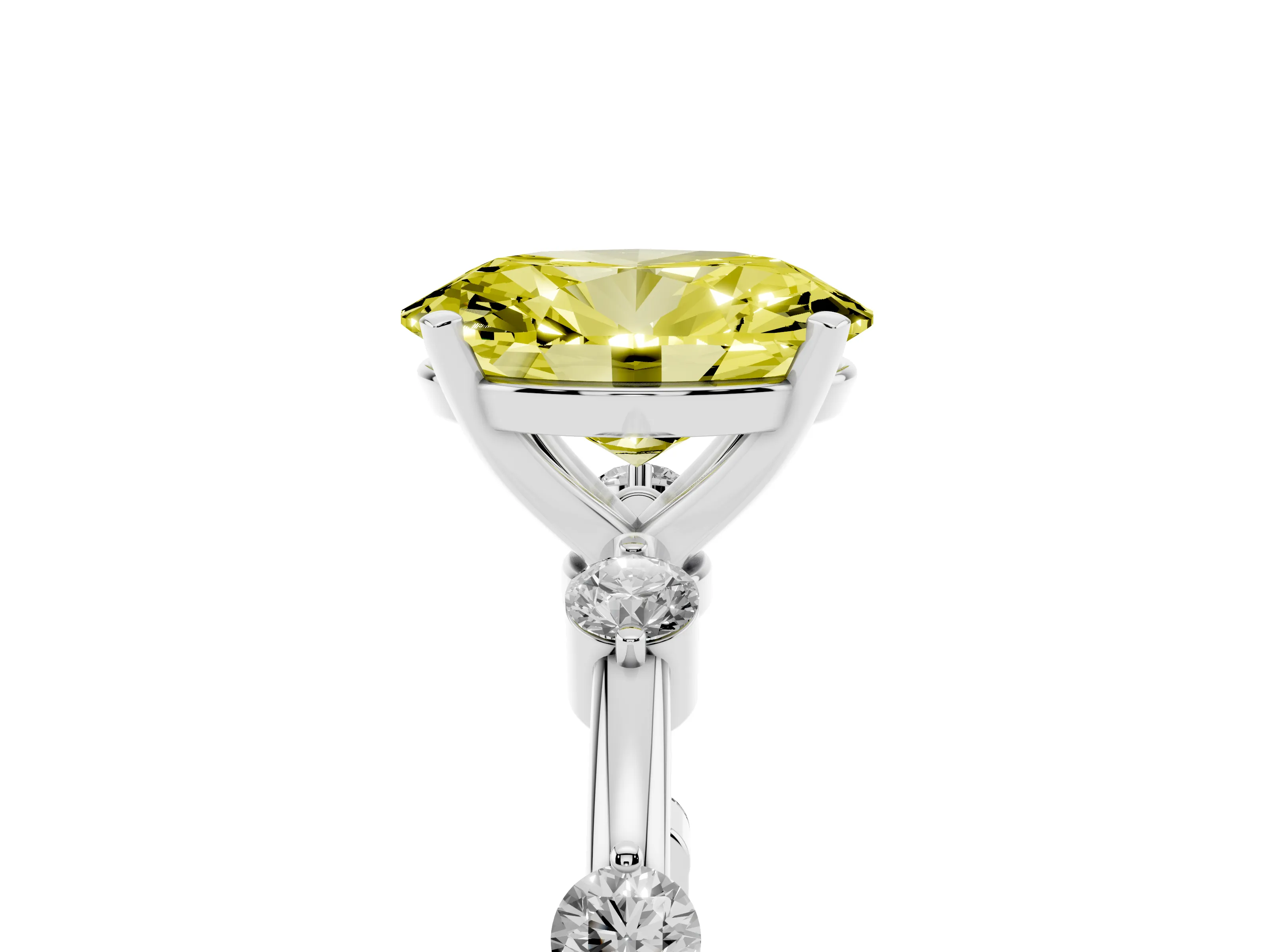 Fancy Yellow Oval Cut Diamond Solitaire Ring Set in Silver with Bezel Set Side Stones and Prong Setting